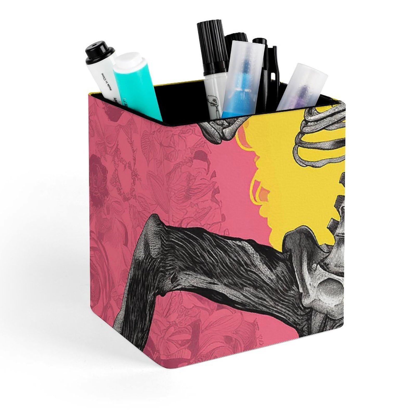 FekiLoot Peach Skull Pencil Holder Square Leather Pen Holder Cup Modern Multi-Functional Pencil Cup Holder Decorative Desk Organizer Caddy Makeup Brush Holders for Desk Office