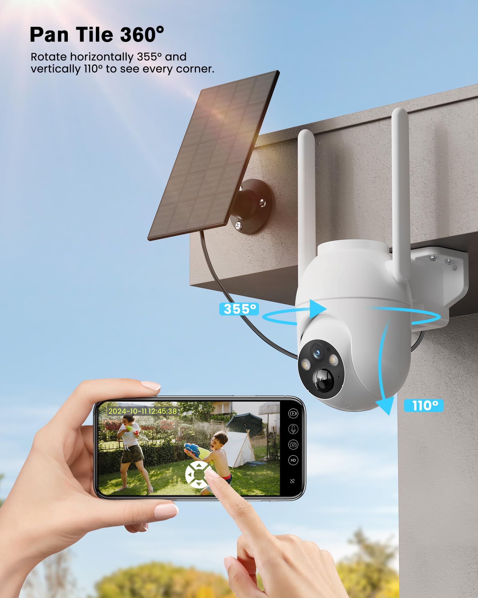 BECAMSO 4G LTE Telecamera Esterno Solare con Sim: Telecamere Batteria Senza Fili - 360° PTZ Videocamera Sorveglianza Esterno - Visione Notturna Colori IP66 2 Vie Audio