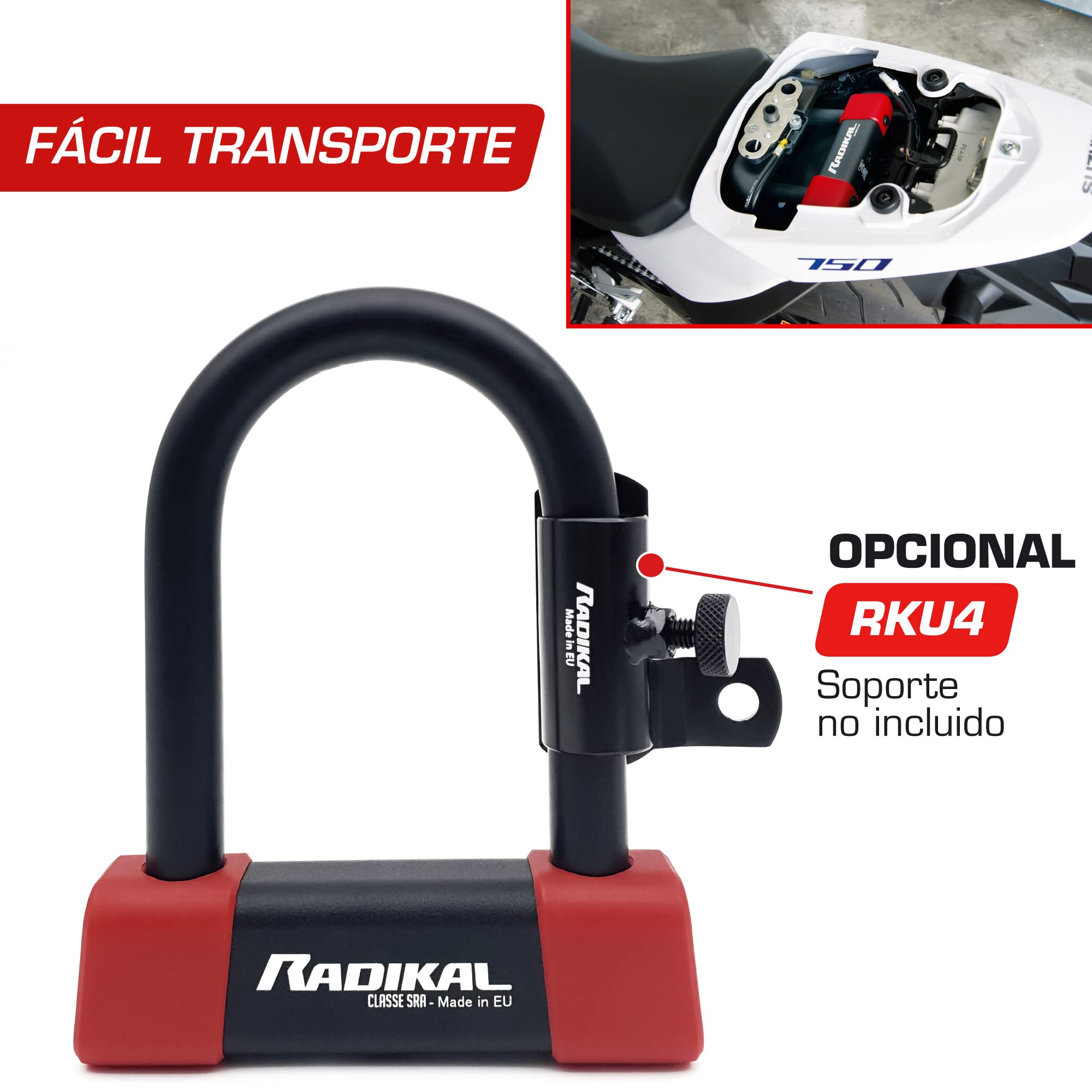 RADIKAL RK120R Candado Moto U Alta Seguridad Homologado SRA, 120x120mm, Arco ø18mm Acero Cementado Revestido de Doble Cierre, Cerradura Antiganzúa, Antirrobo U para Motocicleta Scooter, Bici Eléctrica