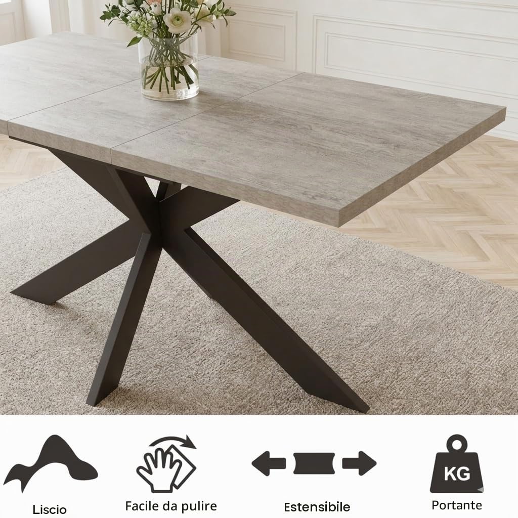 JIEXI Set di 6 tavoli da pranzo allungabili, 130 x 170 cm, 6 sedie in tessuto, superficie rettangolare in MDF e polvere di cemento, stile moderno e contemporaneo, per sala da pranzo e cucina