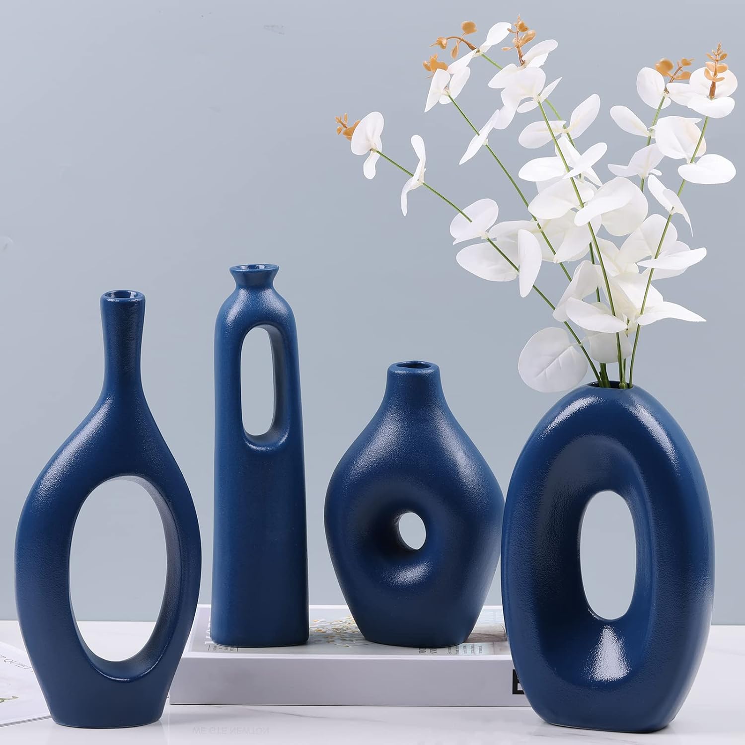 Blue Ceramic Vase Set of 4, Round Hollow Vase for Pampas