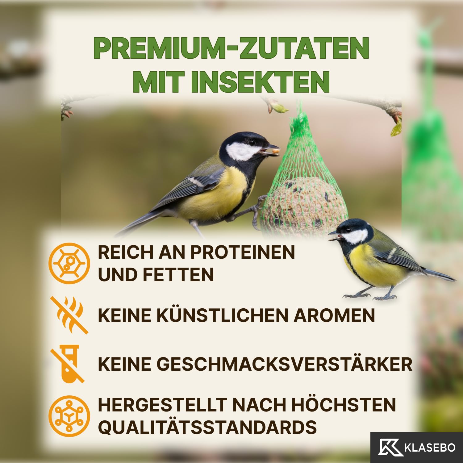 Premium Meisenknödel mit Insekten, 100 Stück (9kg) – Ganzjähriges Wildvogelfutter im Netz, Natürliche Zutaten, Ganzjährige Fütterung, Körnerfresser Delikatesse