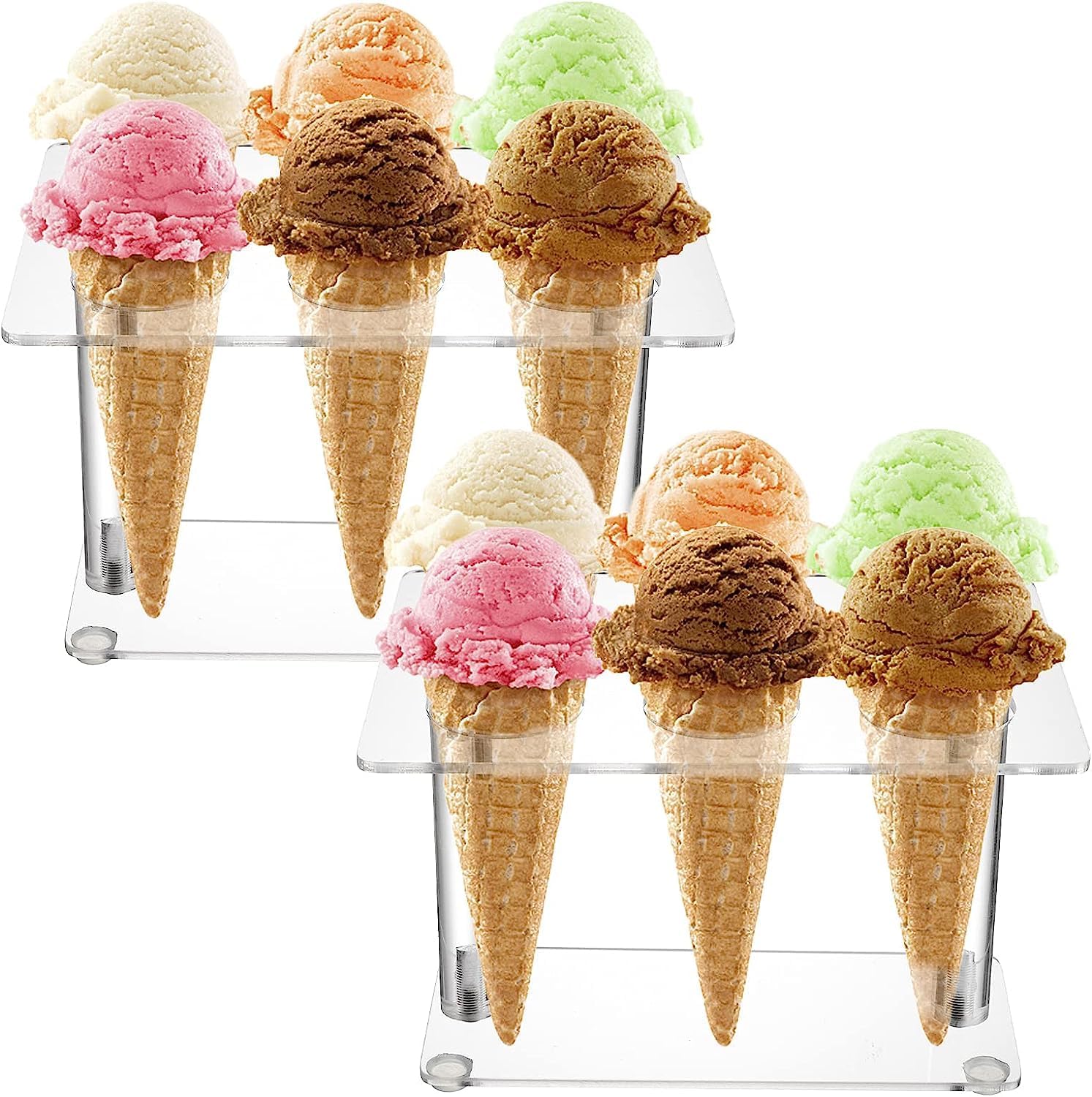 Azonee 2 Pack Acrylic Cone Holder with 6 Holes, , Clear Ice Cream Display Stand, Waffle Roll Cone Holder, Cone Holder Stand for Wedding, Birthday, Restaurant, Party or Buffet