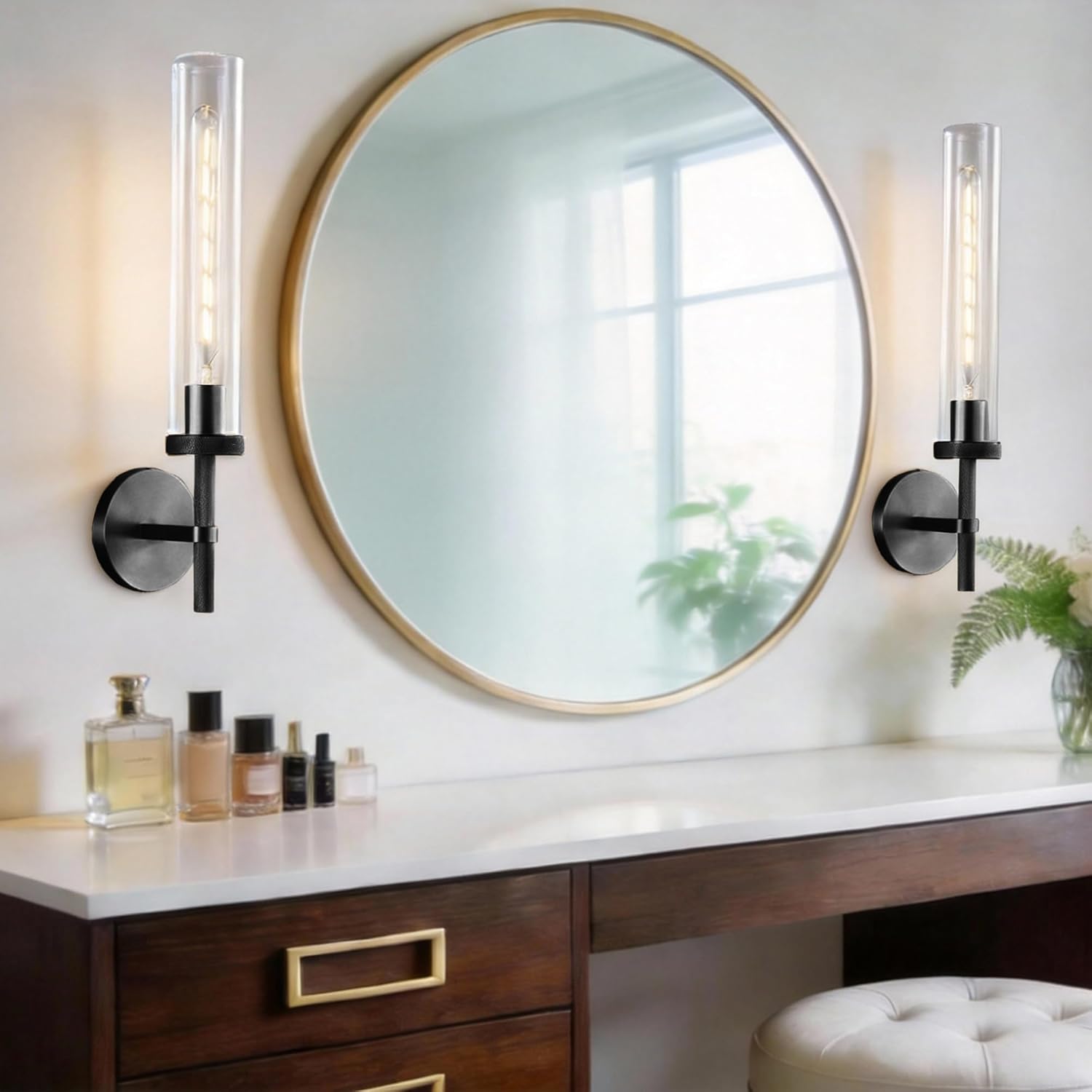 Black Bathroom Sconces Set of 2, 19.5" Copper Art Decor Tube Wall Vanity Lights, Modern Wall Sconces for Mirror Bedroom Living Room Hallway Staircase, E26 Bulb Included