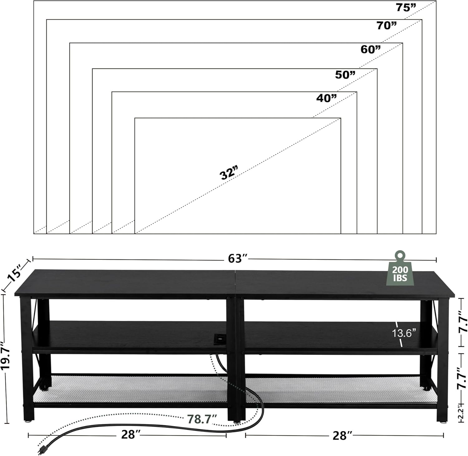 Clikuutory Modern Black 63 inch Metal TV Stand with LED Lights and Power Outlets for 40 50 55 60 65 70 Inch TVs, 3 Tier Television Stands with Entertainment Center and Storage for Living Room, Bedroom