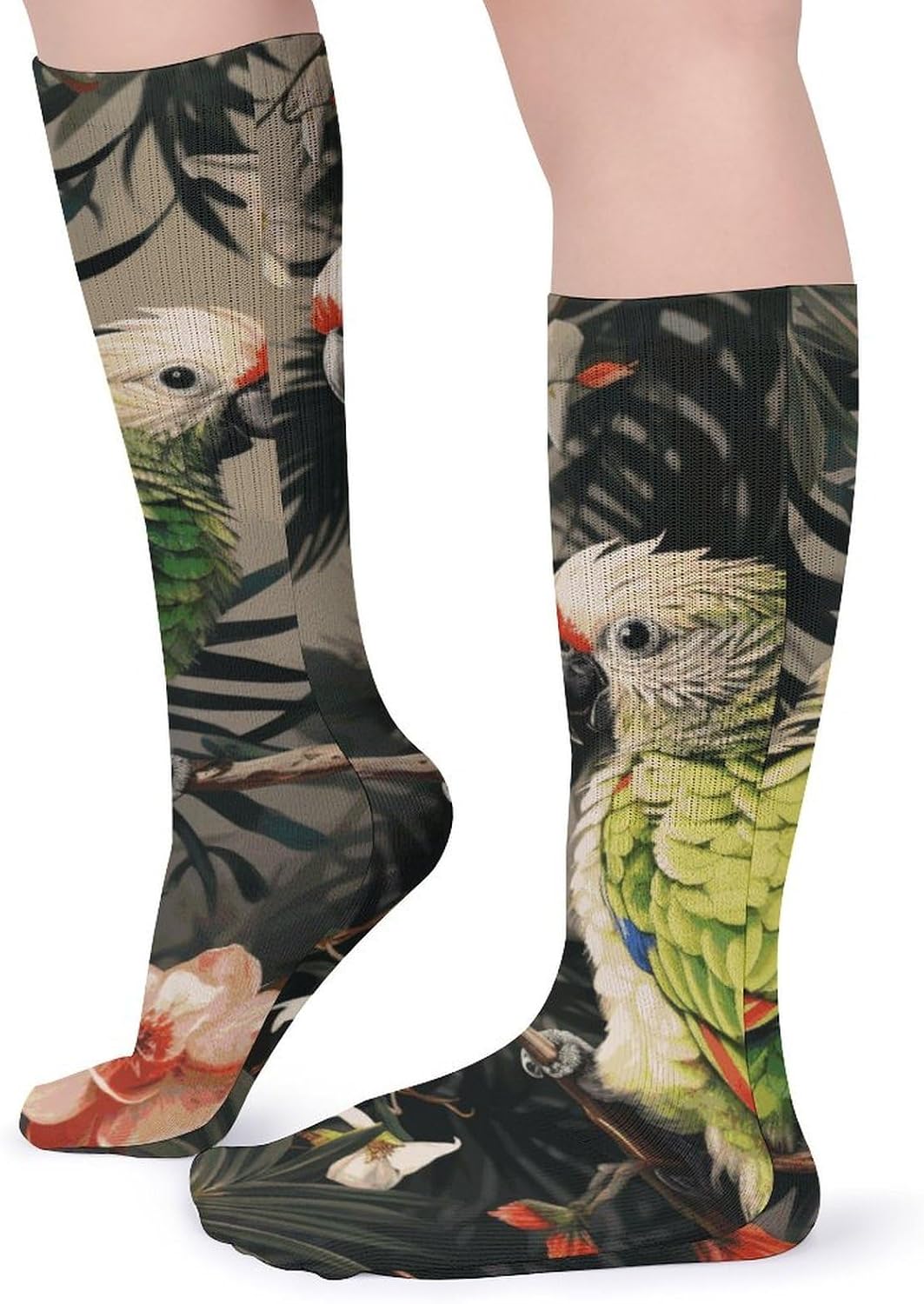 Breathable Crew Sock, Moisture Wicking, Athletic Calf Socks, Cozy | Couple Parrots Olive Compression Socks for Women Men, Lightweight High Work Socks for Business, Casual
