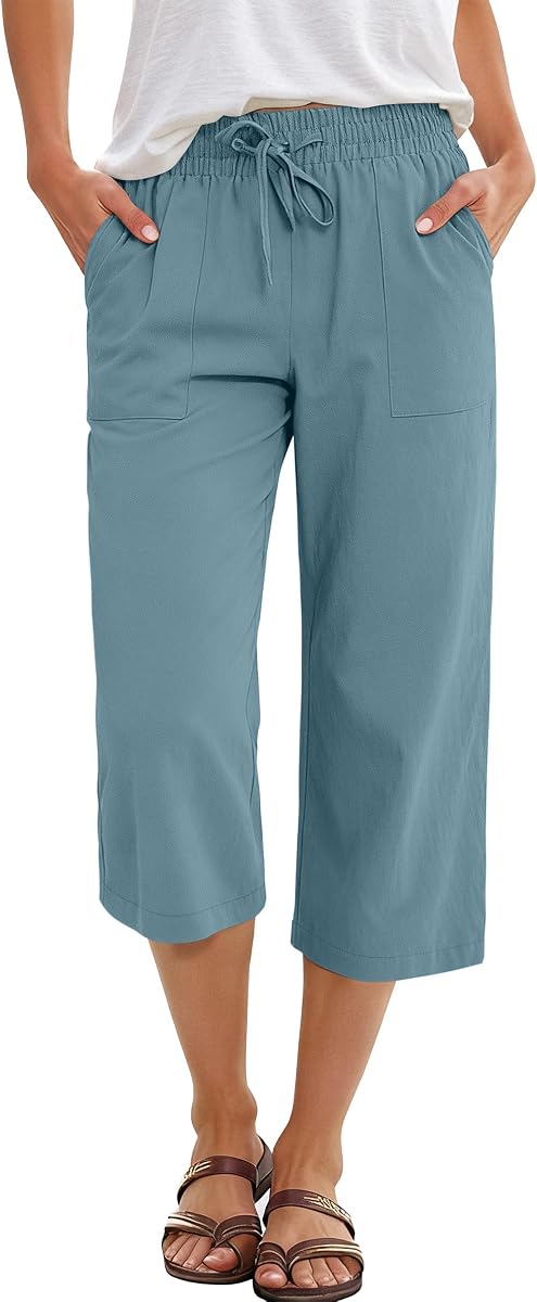 ANRABESS Capris Pants for Women Summer Casual Loose Drawstring Elastic High Waist Straight 2026 Lounge Beach Cropped Trousers