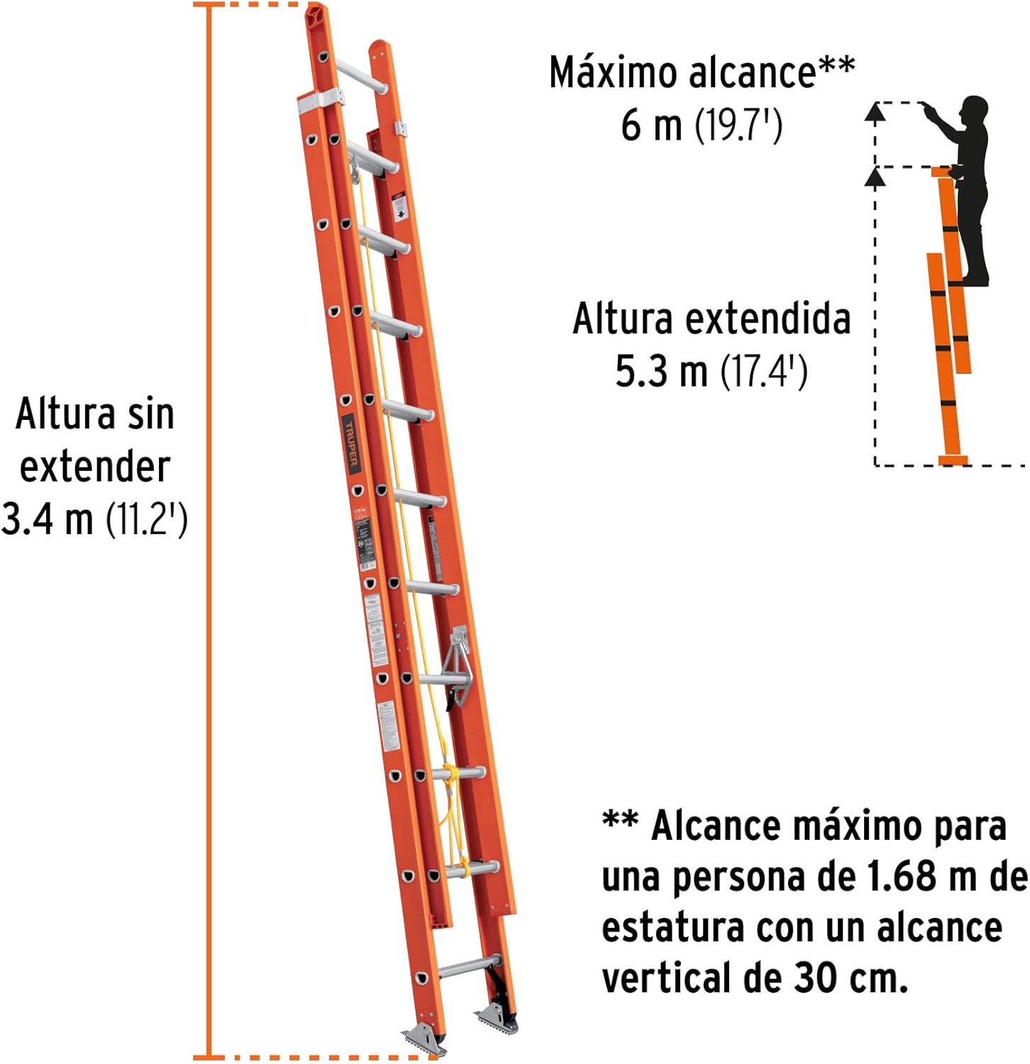 Extension ladder, type II, 20 steps, fiberglass