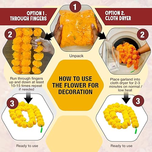 Miniatura 4 de Guirnalda de caléndula para decoración, 5 piezas de 5 pies de largo, flores artificiales de caléndula de caléndula, decoración india para Pooja,