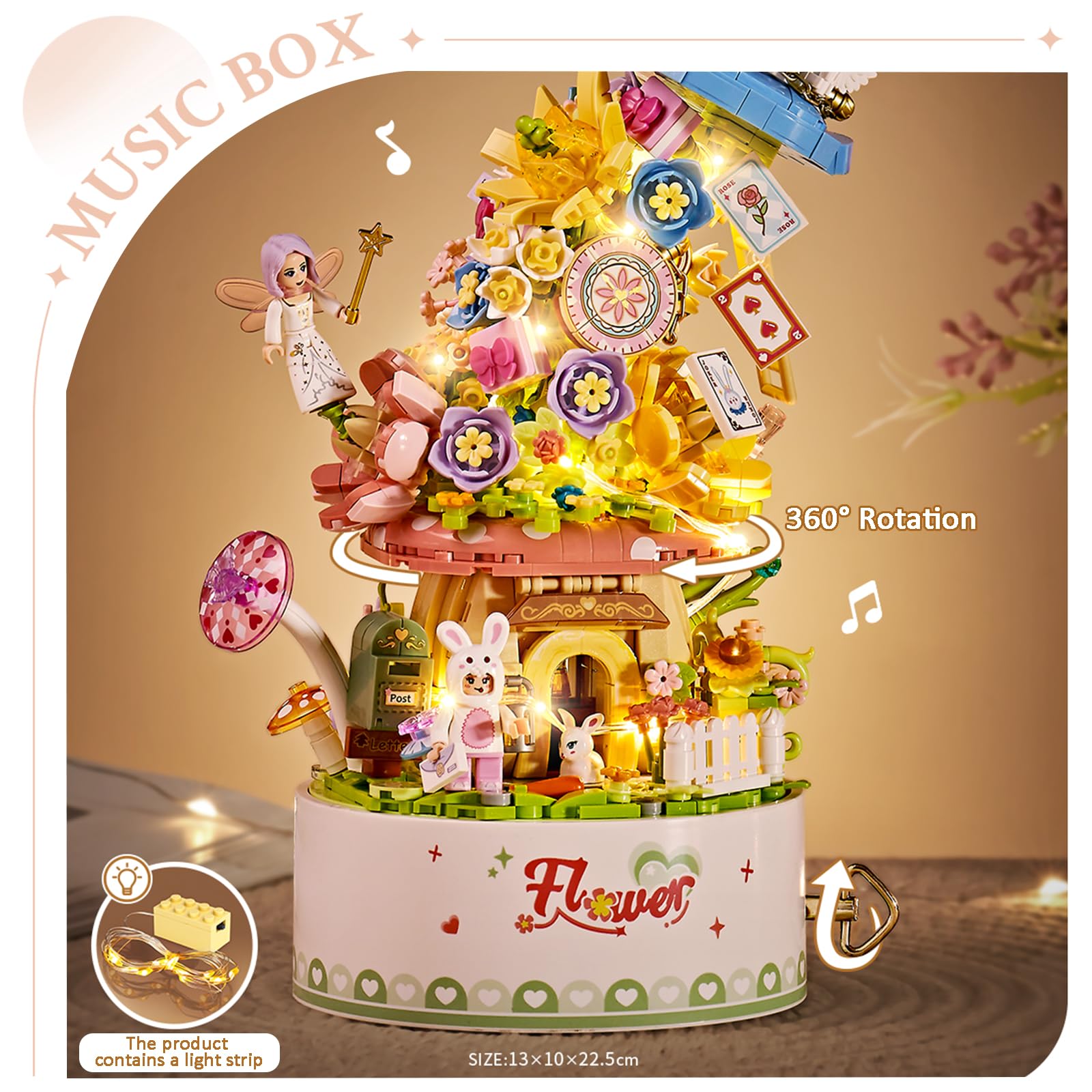 LOTOLO Falls Building Blocks Rotating Music Box Set,Candy Flower Bonsai Botanical Collection with Light,Home Decor (Flower) - Image 2