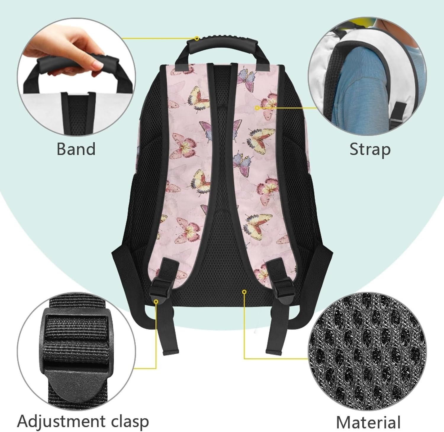 Hawapod Travel Backpack For Women Teens Girls Butterfly Pink Prints Bookbag Fits 17.3 Inch Laptop With Handle Daypacks
