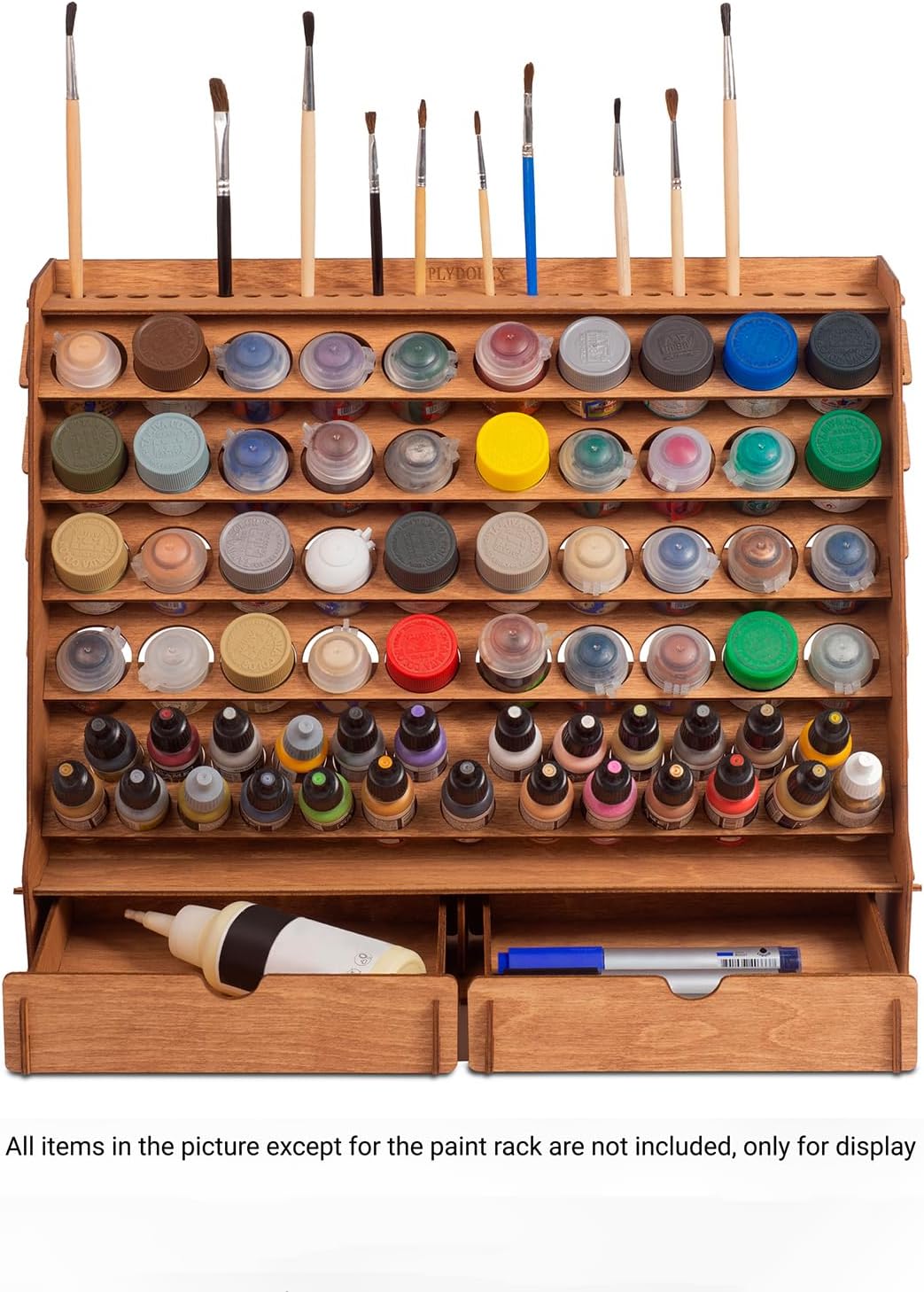 Plydolex Wall Paint Holder - Works for Warhammer 40K, DnD, Other Figurines - 65 Holes for Vallejo, Citadel, Tamiya, 30 Brush Holes, 2 Drawers, a Shelf, a Brush Tray - Plywood Rack for Wall and Desk