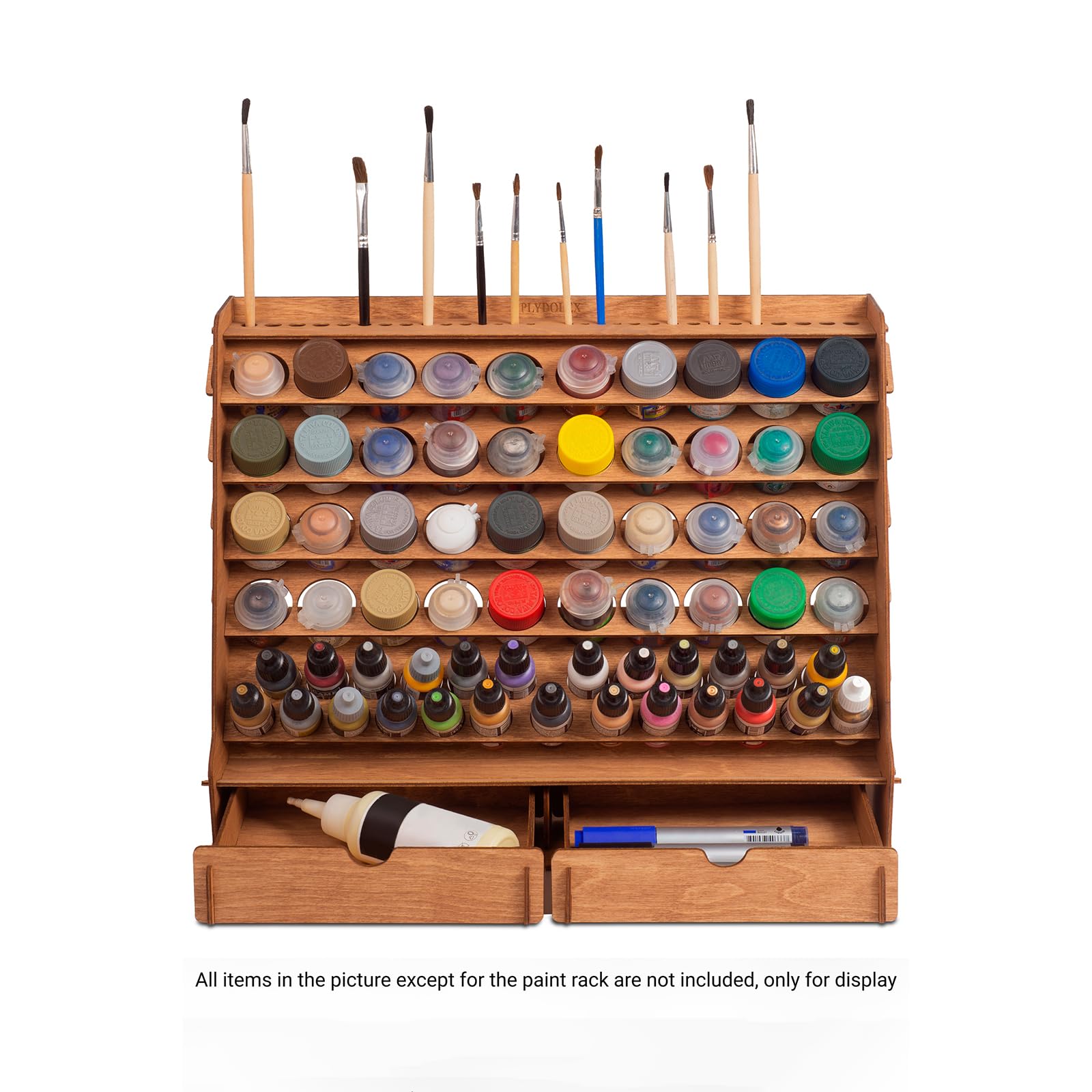 Organizador de pintura con 65 agujeros de 2 tamaños para juego de pintura en miniatura, estante de almacenamiento de pintura de madera montado en la pared, estante de pintura para