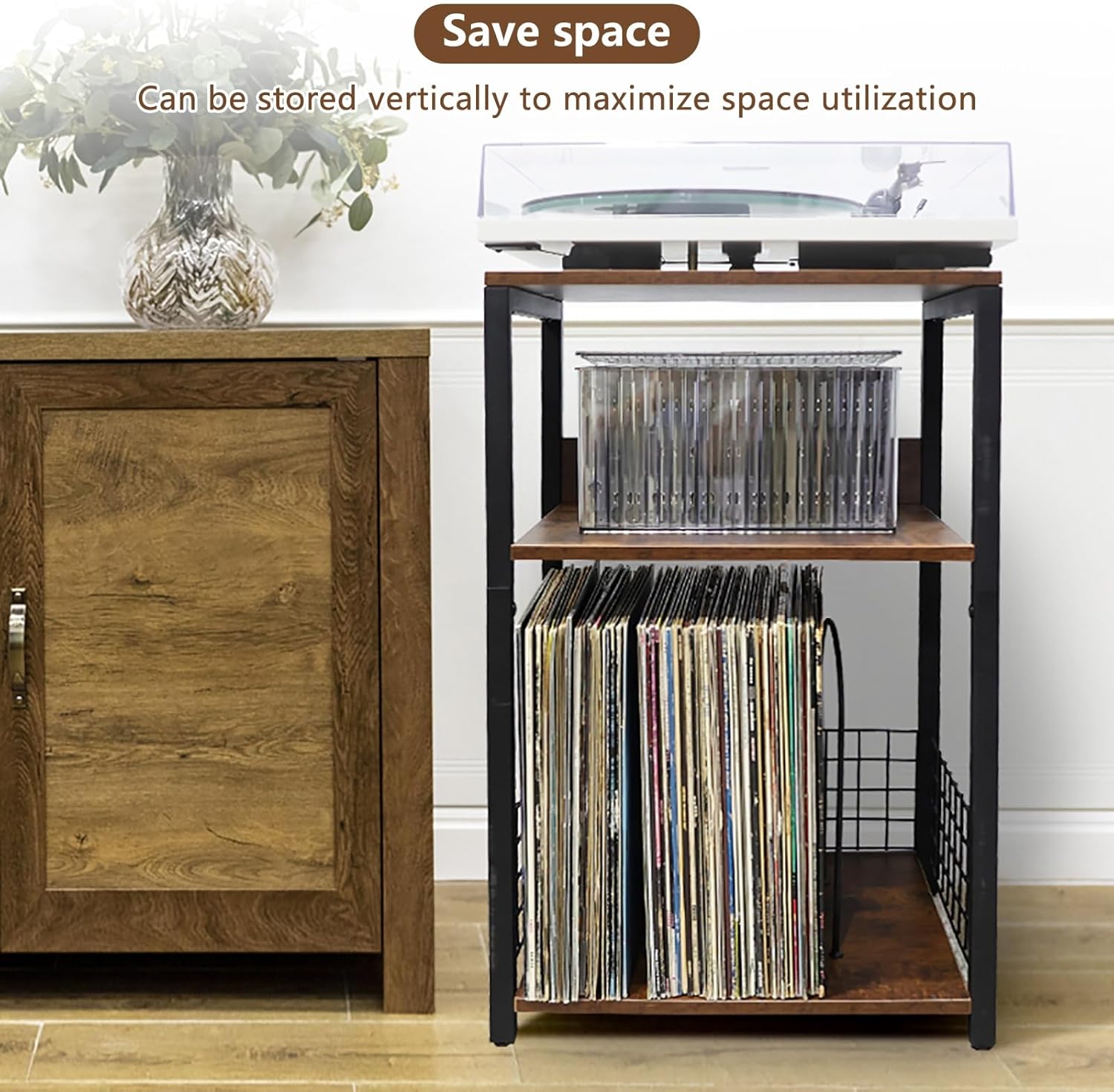 Record Player Stand with Vinyl Storage, Wood 3 Tier End Table Vinyl Record Storage Up to 60 Albums Suitable for Living Room Study Bedroom Office Store