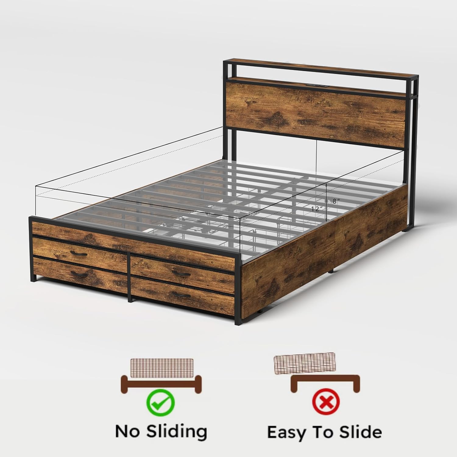 Queen Size LED Bed Frame with 8 Storage Drawers & Charging Station, Modern Metal Platform Bed with Bookshelf Headboard,RGB LED Lights, No Box Spring Needed (Brown, Queen)