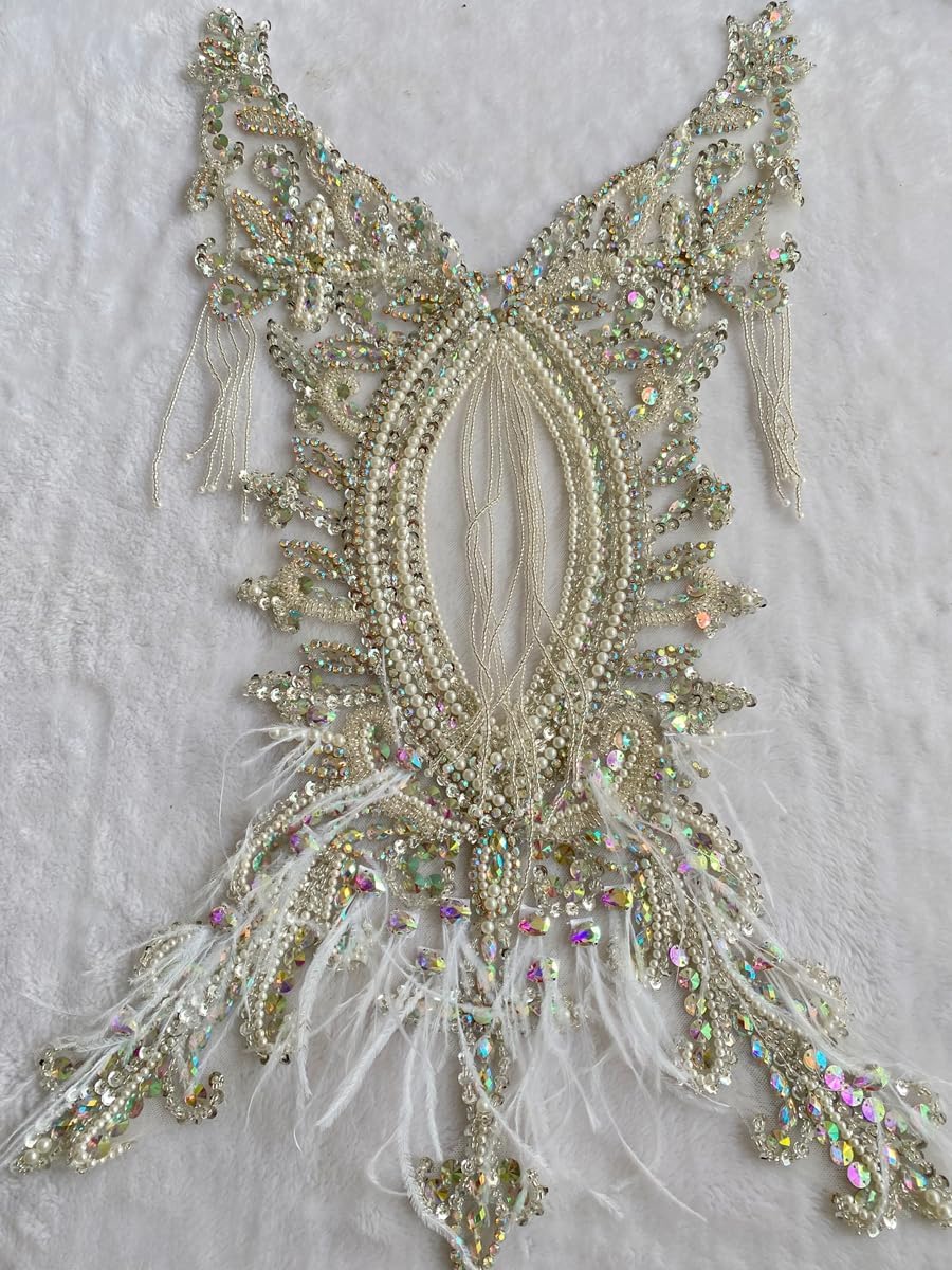 Luxurious Rhinestone Beaded Applique with Ostrich Feather Trims are Suitable for Evening Gowns and Special Occasion Clothing (Clear AB)