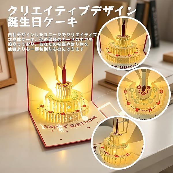 【誕生日】 メッセージカード バースデーカード グリーティングカード LEDライト+Birthday音楽再生 自動点灯 3D立体折り畳み式 封筒付き ケーキ 《Happy Birthday to You》 For 誕生日 (赤) - 3