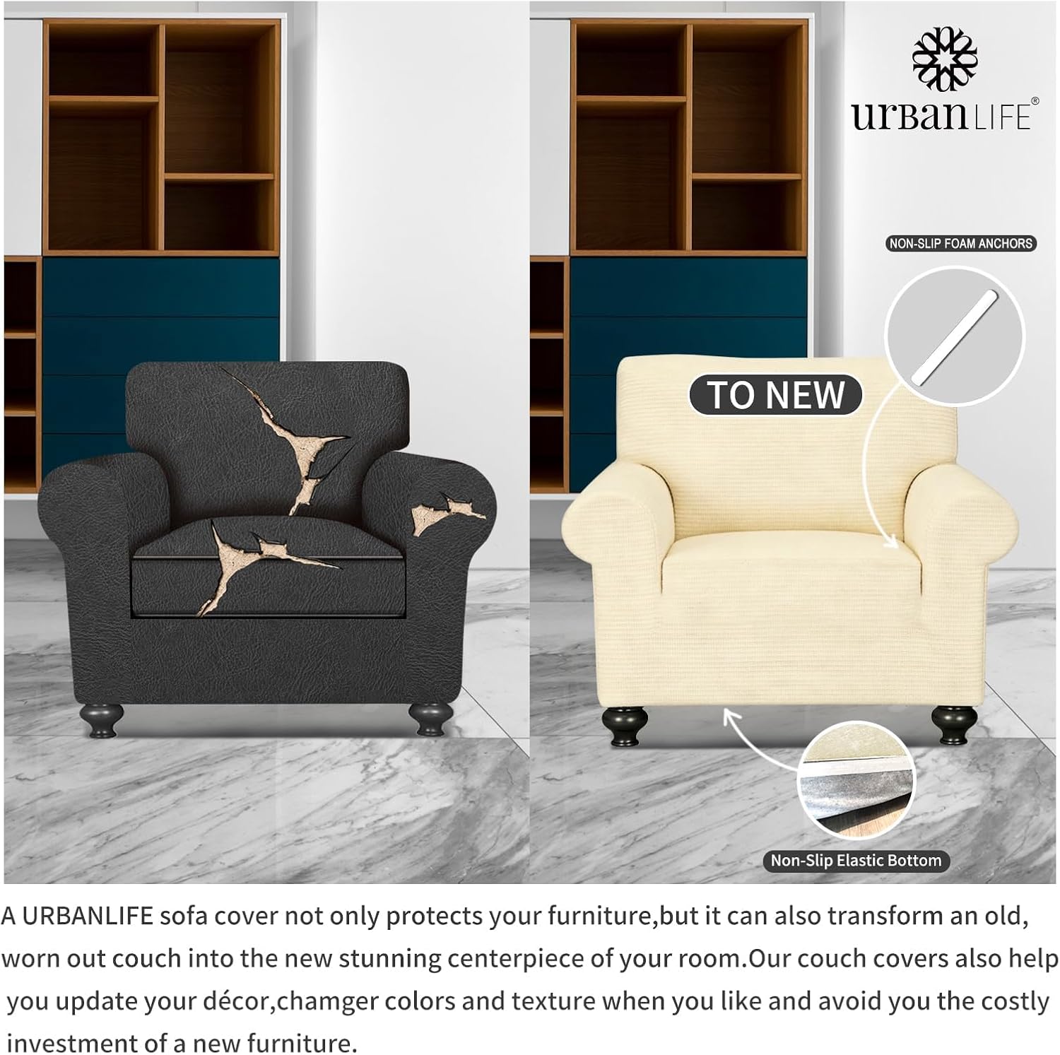 URBANLIFE 1-Piece Stretch Sofa Slipcovers for 1 Cushion Single Seat Sofa & Oversized Chair Slipcover, Super Stretch Spandex Non-Slip Cover with Elastic Bottom, Machine Washable, Cream