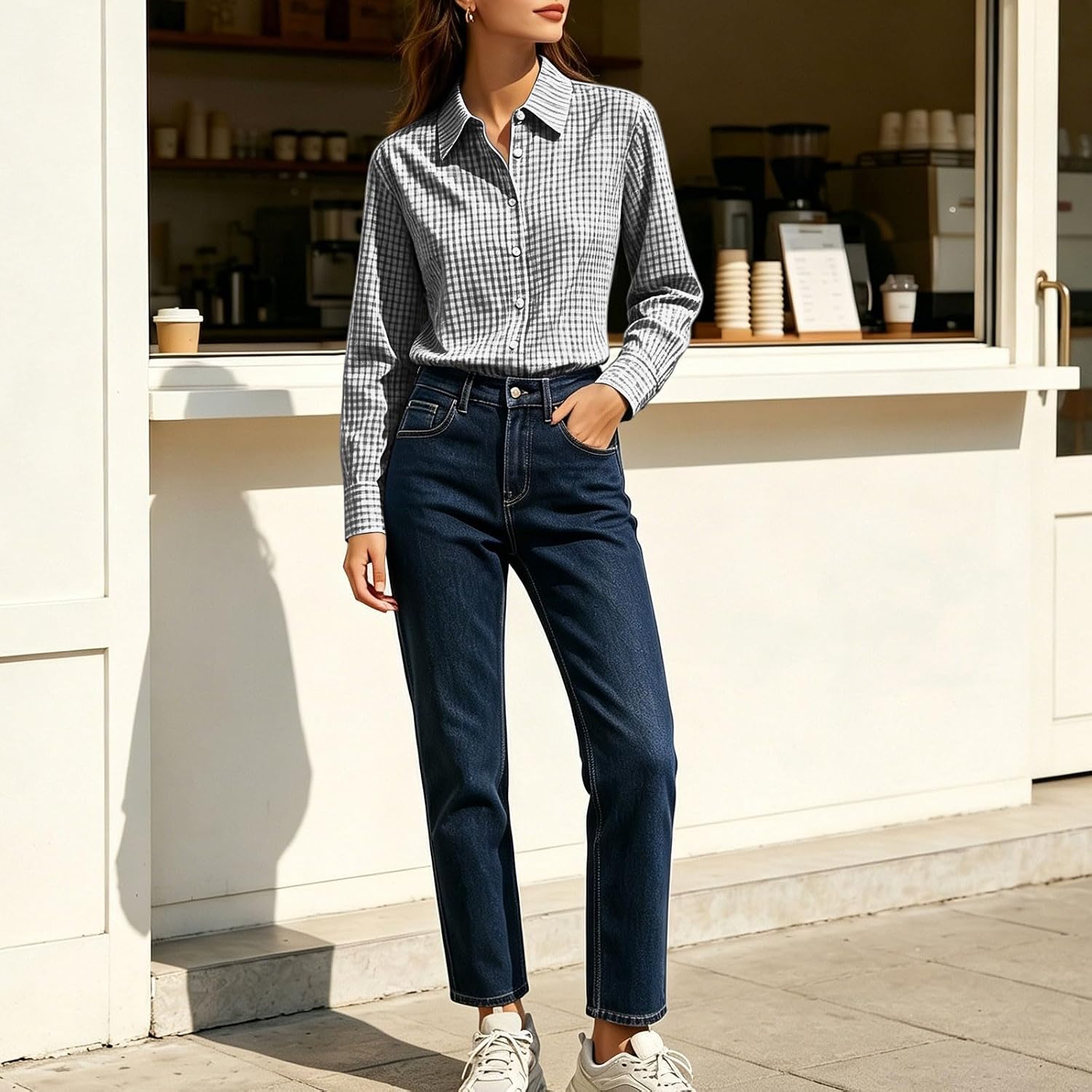 Womens Gingham Button Down Shirt Collared Long Sleeve Casual Blouse | Gingham Button Down Shirt With Collared Neckline Long Sleeve Plaid Design For Casual Work Travel And Daily Styling