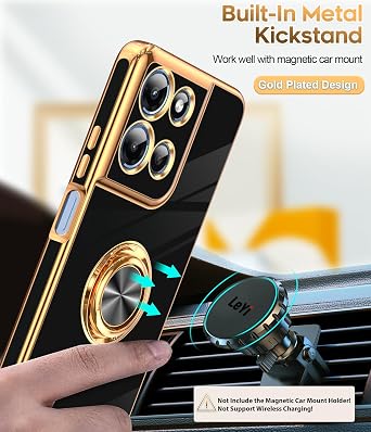 LeYi for Moto-G-5G-2025 Case: Not Fit G Power 2025 1 Pack Tempered Glass Screen Protector and 360 Rotatable Ring Holder Magnetic Kickstand, Plating Rose Gold Edge Case, Black