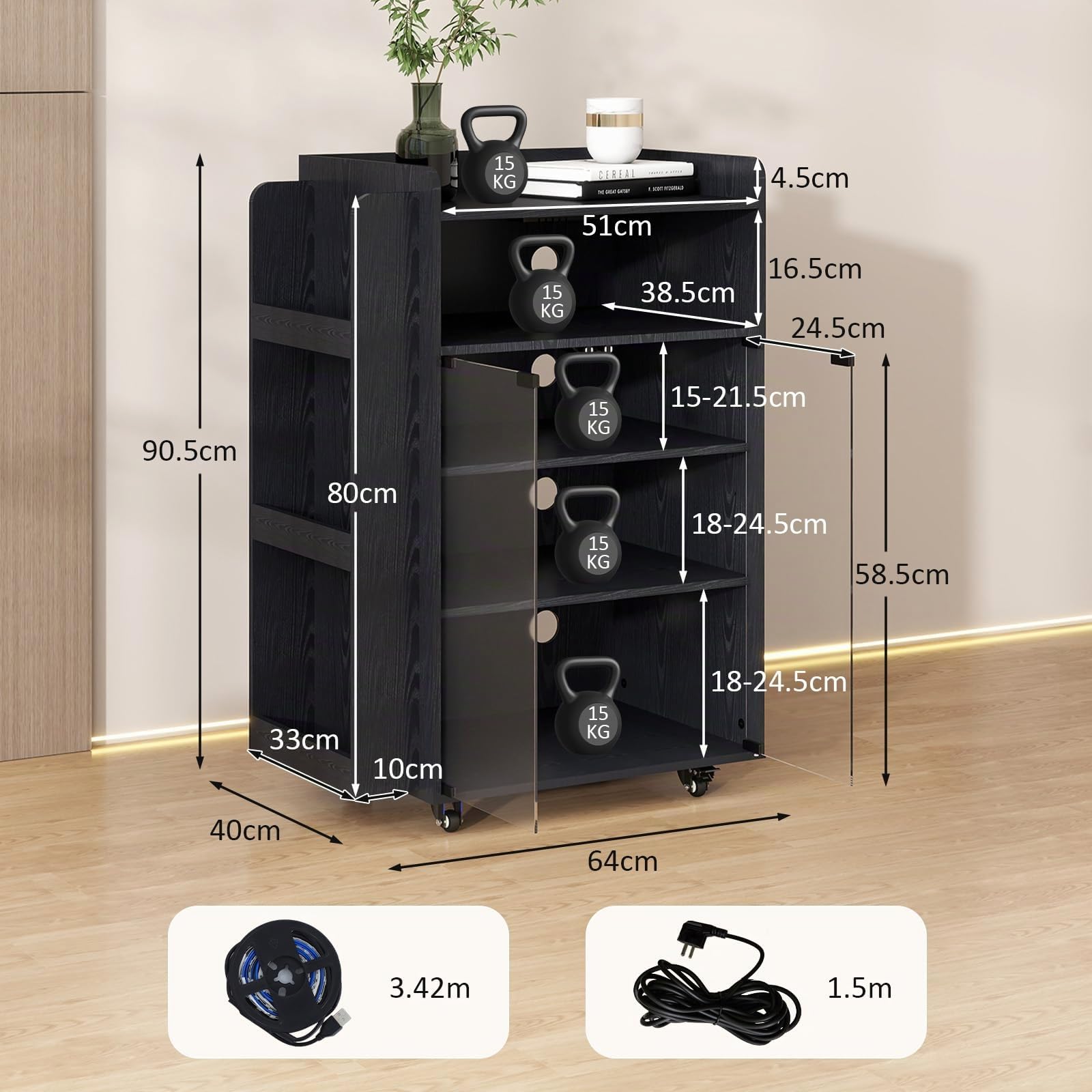 YU YUSING HiFi Rack mit Steckdosenleisten LED-Leuchten4 Ebenen mit Rädern