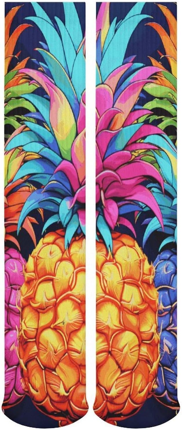Breathable Crew Sock, Moisture Wicking, Athletic Calf Socks, Cozy | Colorful Pineapple Compression Socks for Women Men, Lightweight High Work Socks for Business, Casual