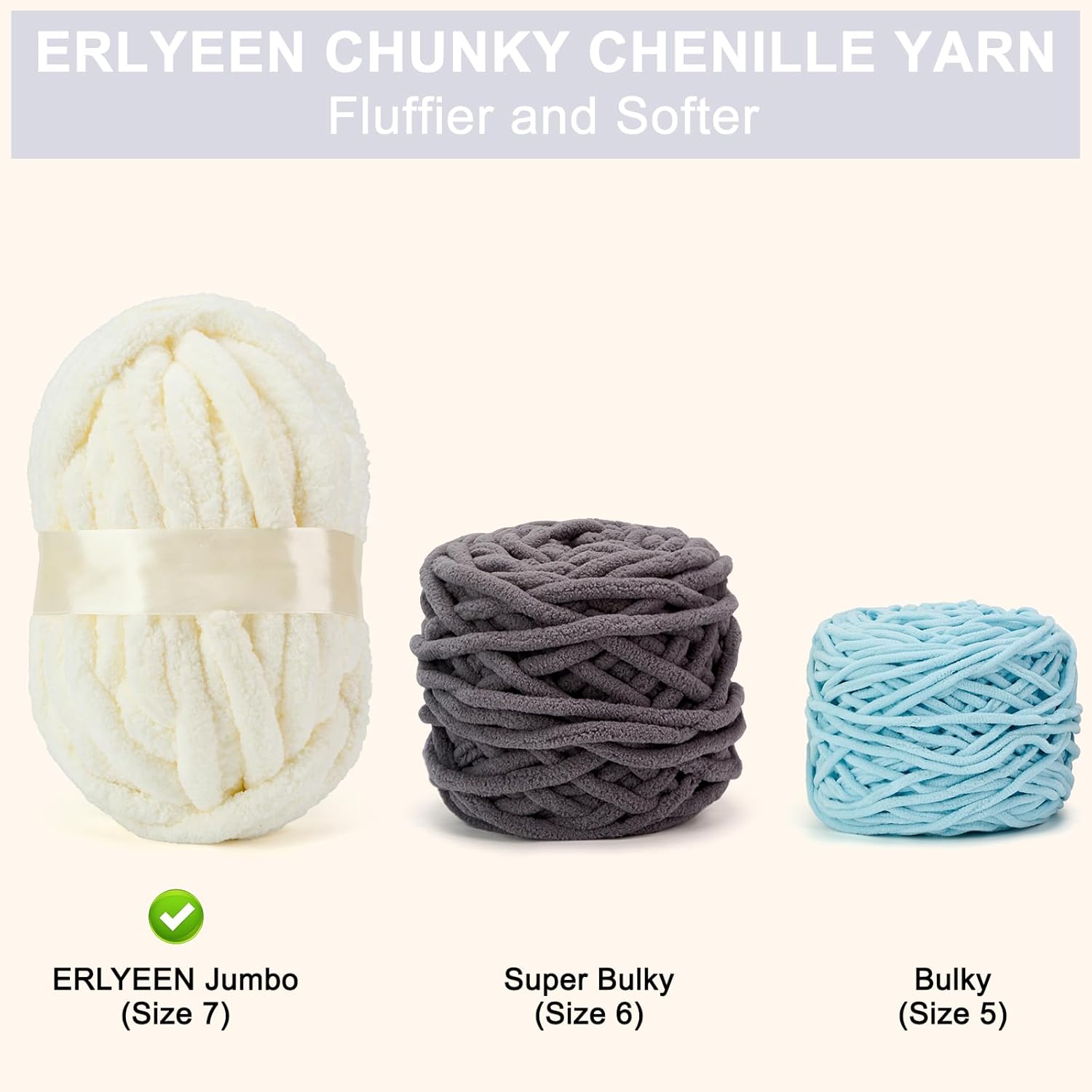 ERLYEEN Chenille Chunky Yarn Super Bulky Soft Thick Fluffy Jumbo Giant Washable Polyester Big Yarn DIY for Arm Knit Blanket Cushion Bed Sofa Home Decor,Milk White,4.4LB
