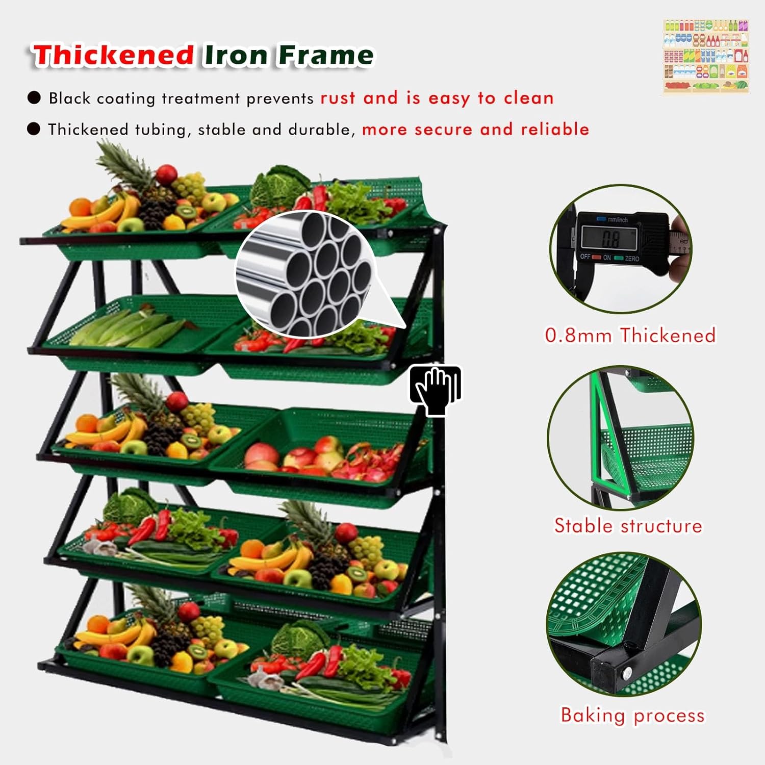 Retail Display Rack, 5 Tier Metal Supermarket Fruit Vegetable Display Rack Organizer Set With 10 Baskets