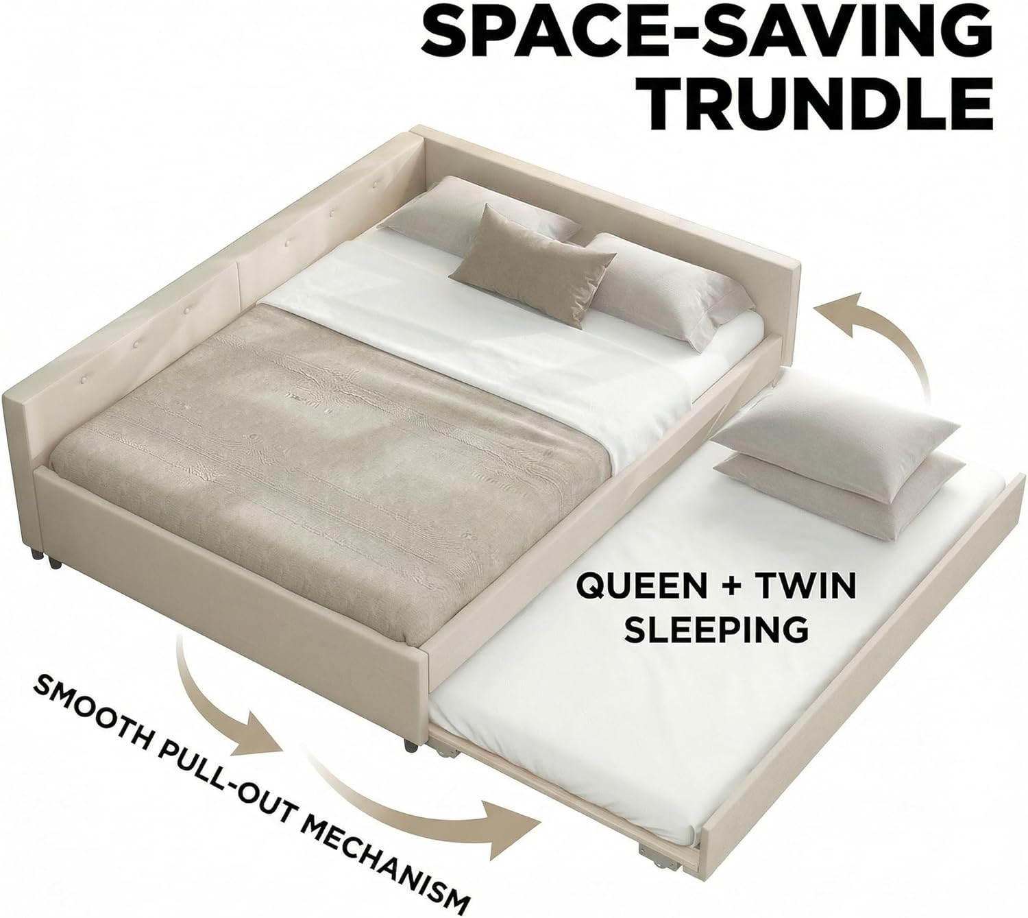 Queen Size Upholstered Platform Bed with Twin Trundle and Built-in USB Ports, Linen Fabric Bed Frame with Cushioned Headboard, Strong Wood Slats, Beige