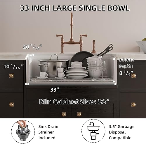 Miniatura 5 de Fregadero estilo granja de 33 pulgadas de ancho x 20 pulgadas de profundidad, fregadero de cocina de arcilla refractaria blanco con estante de