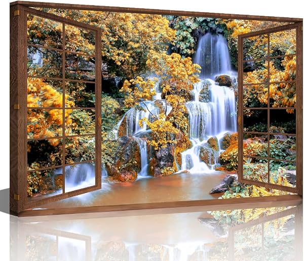TISHIRON 3D Open Wooden Window Wall Art Canvas Waterfall View Print Paintings Framed Home Decor Paintings to Hang on Walls for Living Room Bathroom Ready to Hang 24x36inch - 1