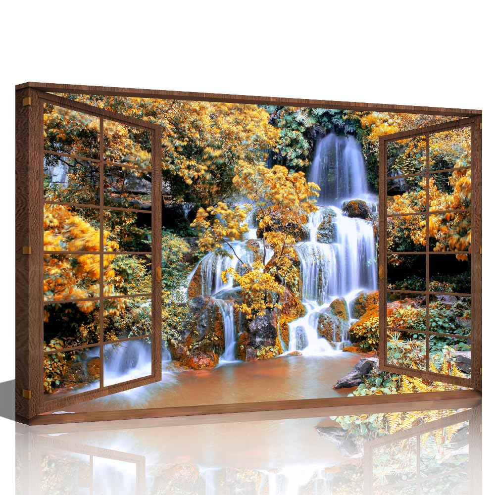 TISHIRON 3D Open Wooden Window Wall Art Canvas Waterfall View Print Paintings Framed Home Decor Paintings to Hang on Walls for Living Room Bathroom Ready to Hang 24x36inch