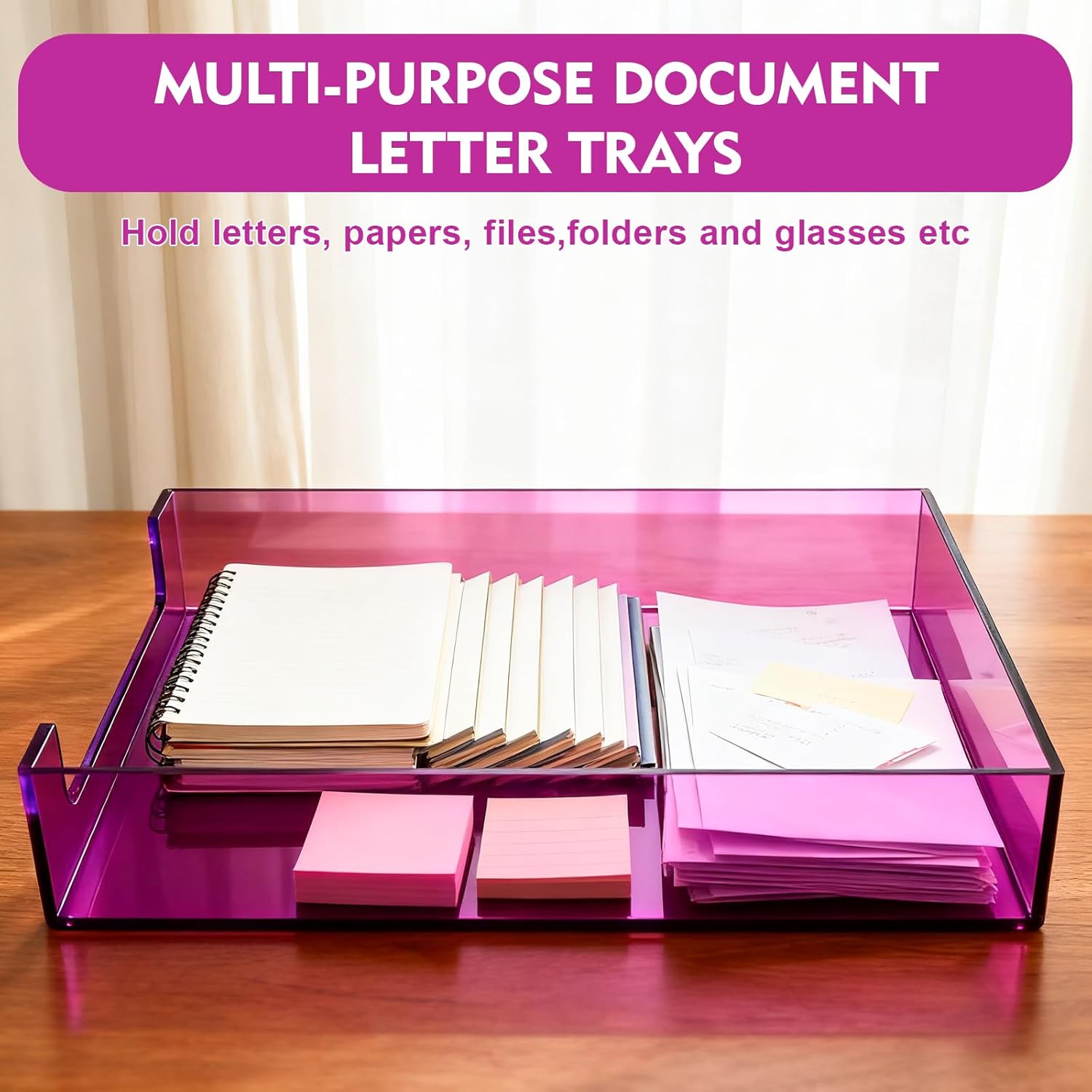 Paper Tray Acrylic File Organizer for Desk Letter Tray Desk Organizer Document Holder Sorter Storage for A4 Office Supplies Magazines, 13.8x10.6x2.4 Inches, Bright Purple
