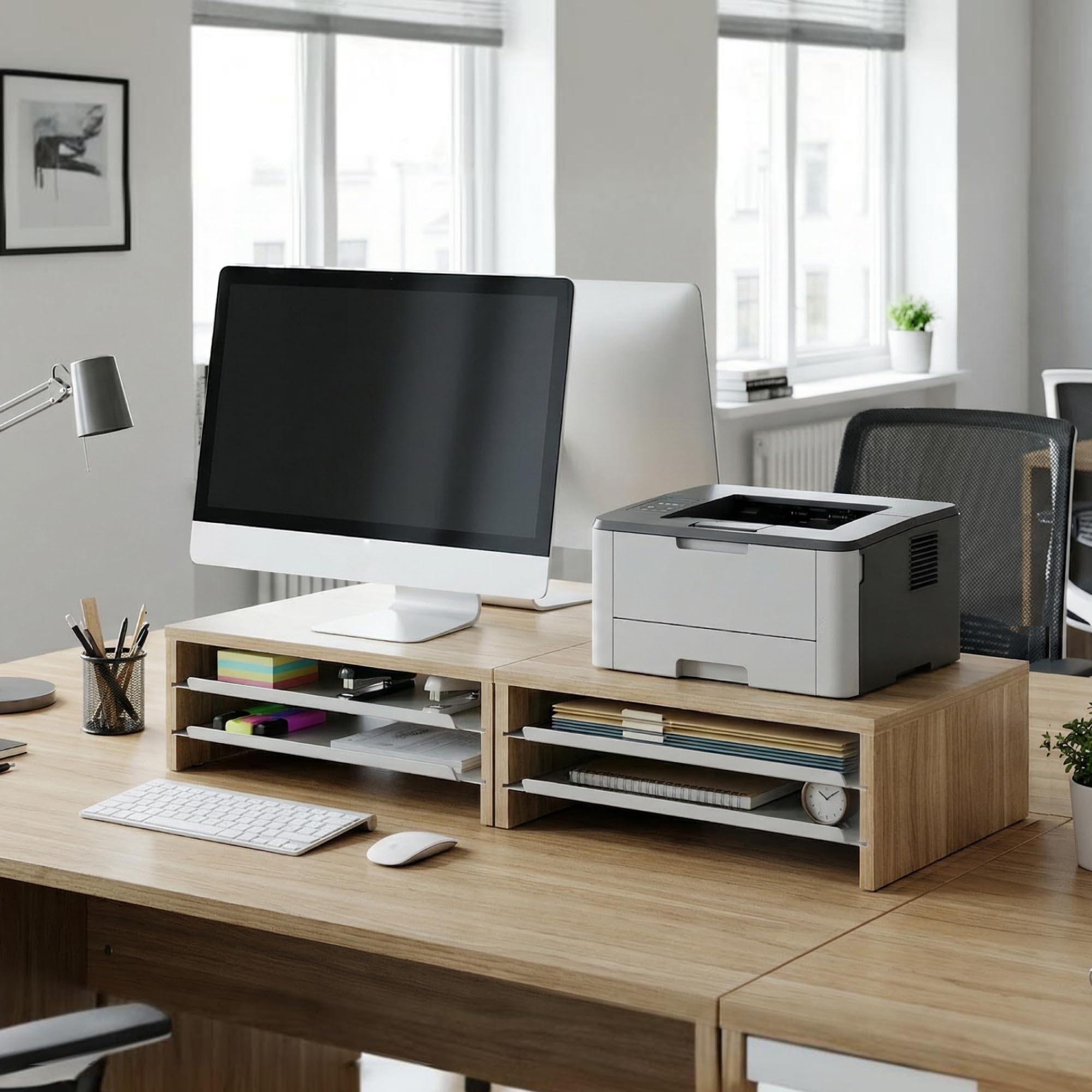Fenge Supporto Monitor Scrivania, Rialzo per Monitor con 2 Vassoi, Legno e Metallo, Organizer da Scrivania per Casa e Ufficio, Computer, Laptop, Stampante, Telefono, TV, 36,4x23,5x13,4 cm (Rovere)