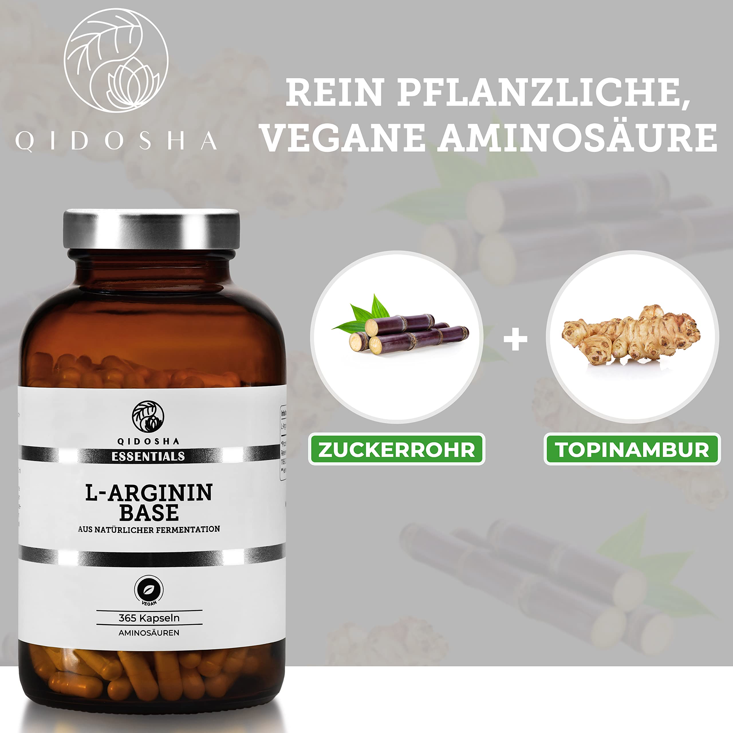 QIDOSHA® Premium L Arginin Base (nicht einfaches HCl), 365 Stk/Glas, 500mg je Kapsel, rein pflanzliche Aminosäure aus Topinambur und Zuckerrohr gewonnen, jede Charge laborgeprüft