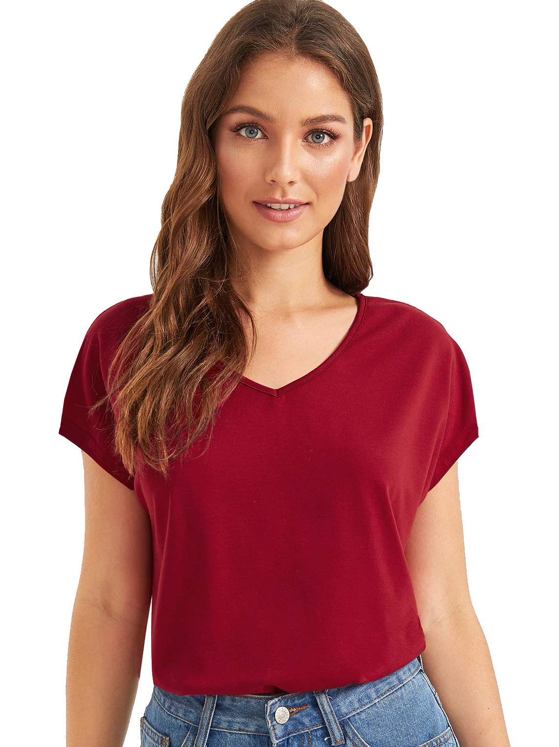 Plain Stylish Maroon V-Neck Cotton Tshirt for Women (Maroon)-image-23