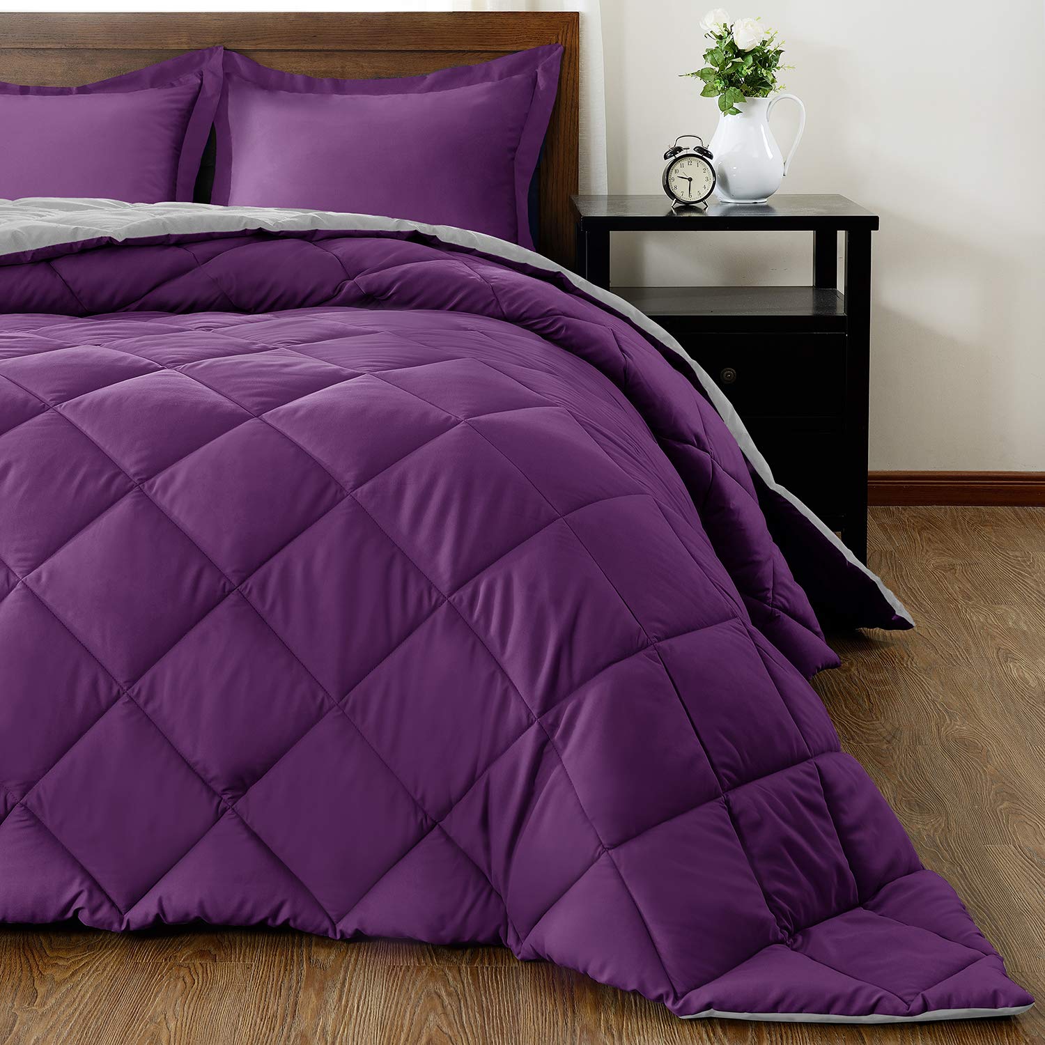 downluxe Lightweight Solid Comforter Set (Queen) with 2 Pillow Shams - 3-Piece Set - Purple and Grey - Down Alternative Reversible Comforter