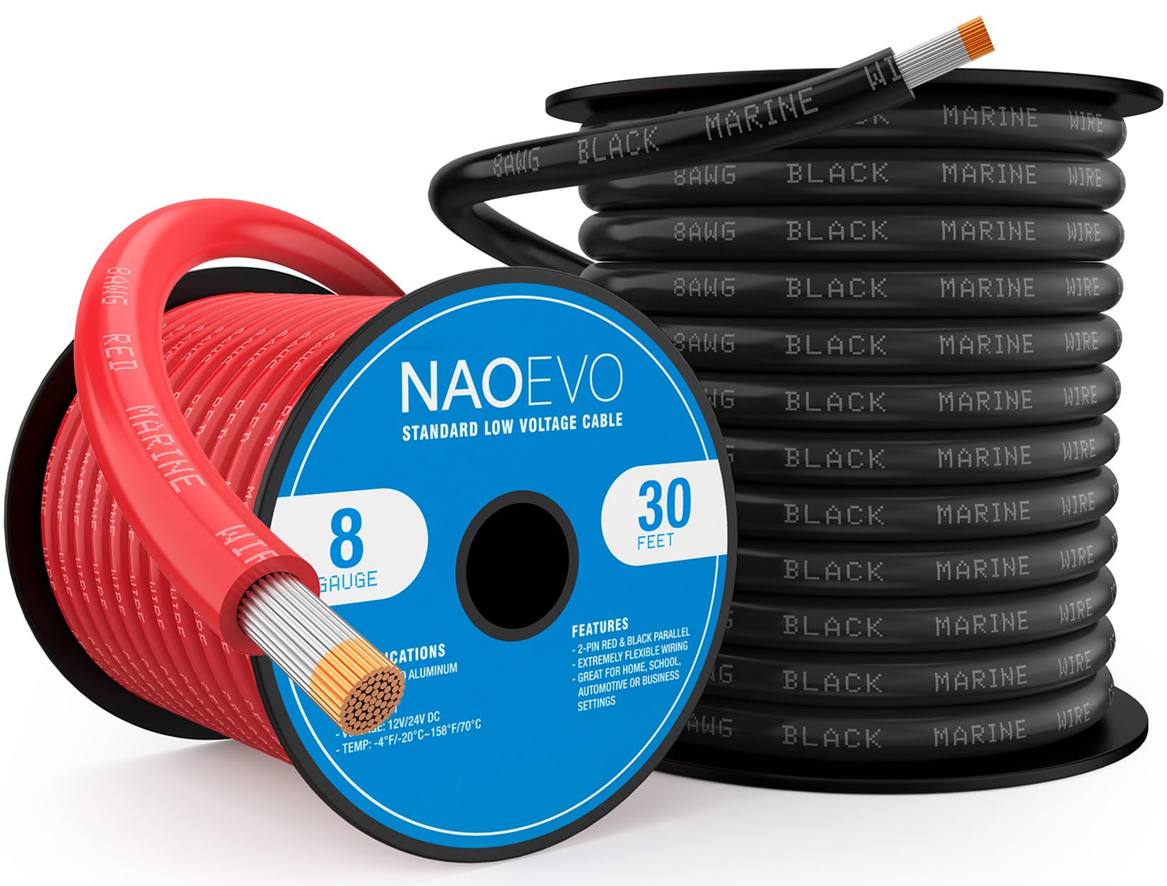 NAOEVO 8 Gauge Marine Wire, 8 AWG Tinned Copper PVC Marine Grade Wire, IP68 Waterproof/Corrosion-Resistant Electrical Cable for Boat, RV, Automotive, Solar, Trolling Motor (30 ft Black + 30 ft Red)