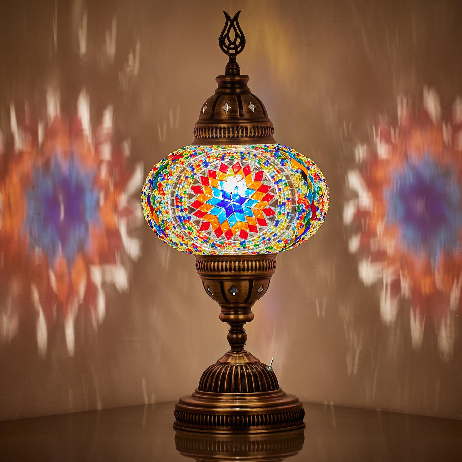 DEMMEX (15 Colors) Battery Operated Mosaic Table Lamp with Built-in LED Bulb, Turkish Moroccan Mosaic Table Desk Bedside Night Lamp Light Lampshade with LED Bulb,No Cord (Space Fire)