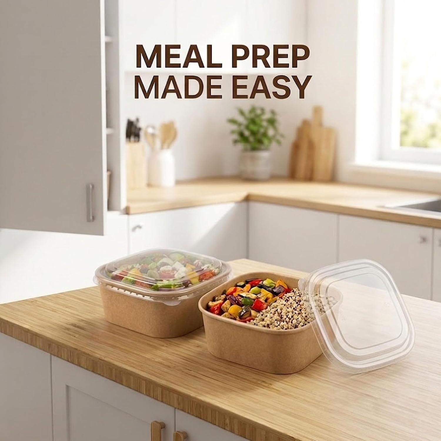 Jijukor 40oz Square Kraft Food Containers with Clear Lids, 20 Sets Natural Brown Paper Bowls, Disposable Meal Prep Containers for Salads, Pasta, and Catering (20 Bowls & 20 Lids)