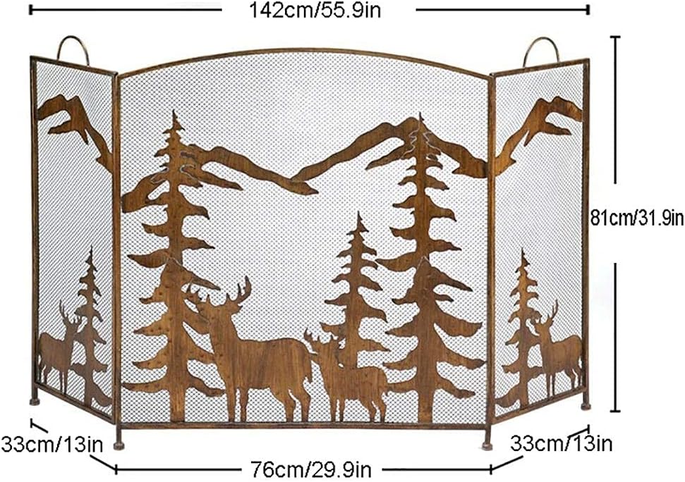 Fireplace Screen Guard, FireplaceProtection Extra Large Fireplace Screen Mesh 3 Panel， Antique Wrought Ironguard for Stove/Wood Burner Protector， Desorative Elk Design (Color :