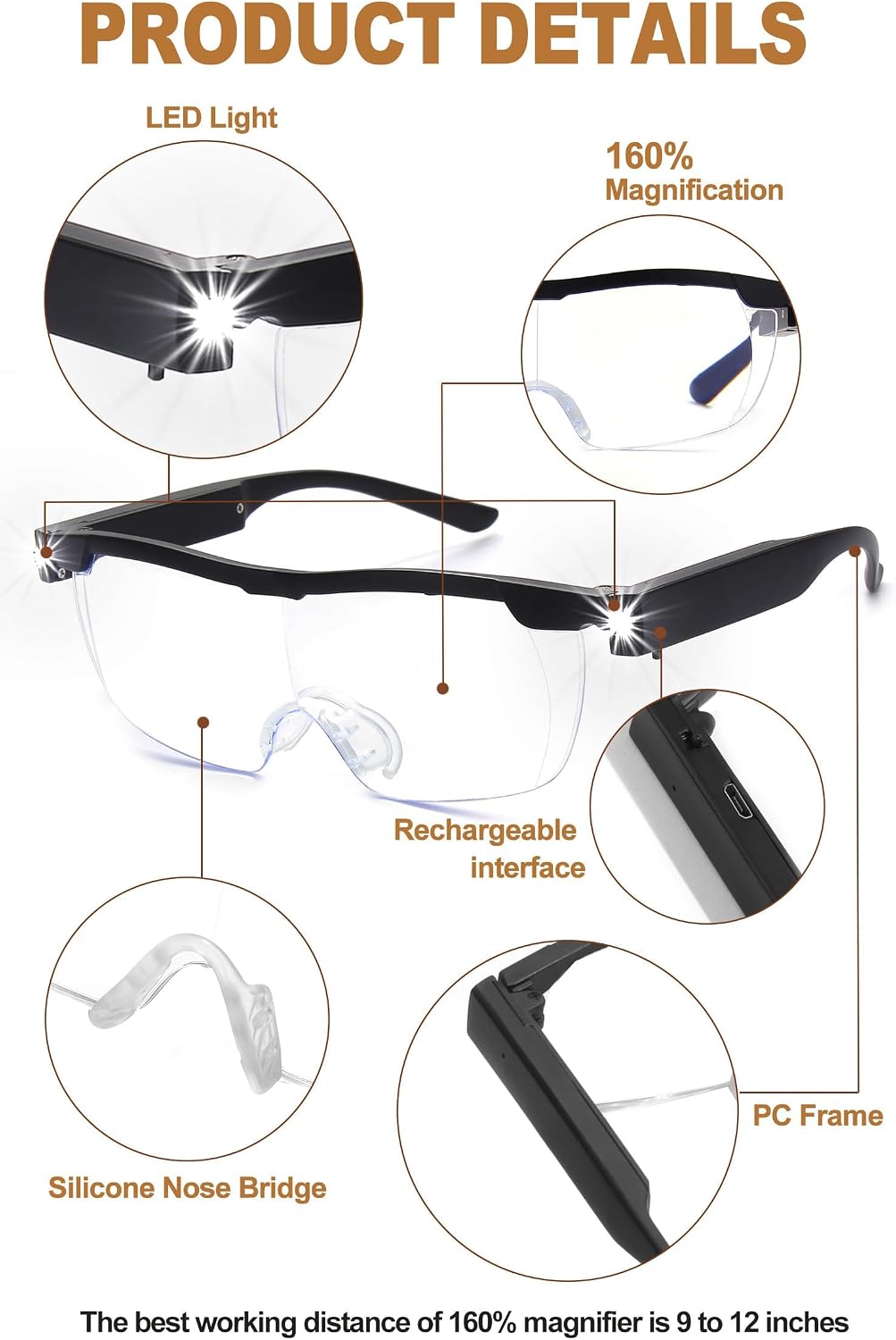 OKH Hands Free Magnifying Glasses with Light, Blue Light Blocking 160% Magnification and Dual LED Lights, Includes flip up Magnifying Glasses for Close Work, Reading, Crafts
