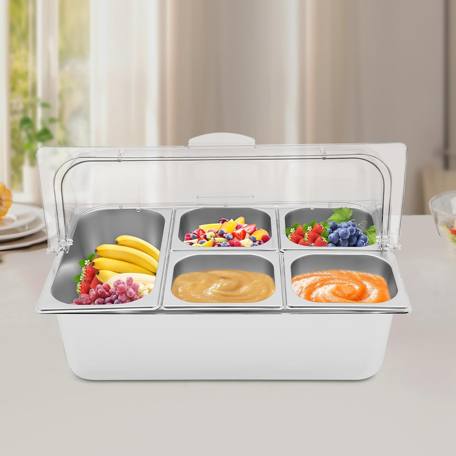 Countertop Chiled Ice Food Serving Container Condiment Dispenser with Lid Stainless Steel Food Serving Display Tray with Spoons and Clamps for Restaurant Buffet Hotel Parties (5 Compartments)
