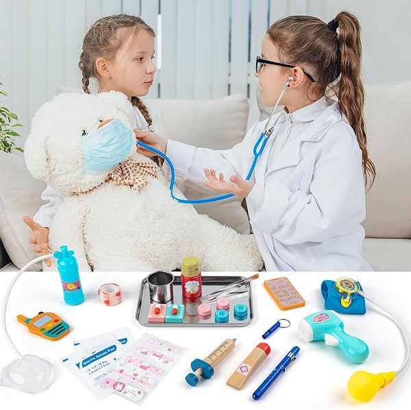 Sundaymot Malette Docteur Enfant, avec véritable stéthoscope, thermomètre, Blouse de médecin et Sac de médecin Portable, Adapté malette Docteur Enfant 3 Ans - 4