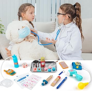 Sundaymot Doctors Set for Kids, 34 Pcs Kids Doctors Set with Real Stethoscope Portable Bag and Syringe, Pretend Role Play Medical Kit Toys Gifts for 3 4 5 6 Year Old Toddlers