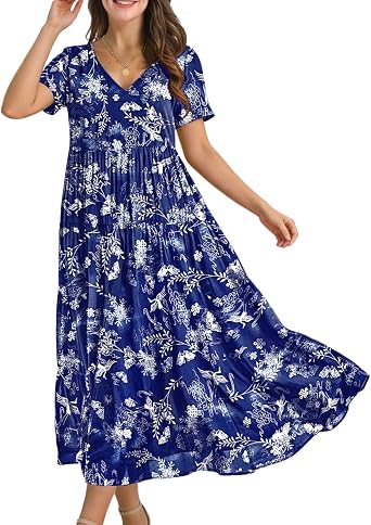 YESNO Womens Summer Maxi Dresses Casual Floral Short Sleeve V Neck Boho Beach Vacation Swing Dress with Pockets EVF