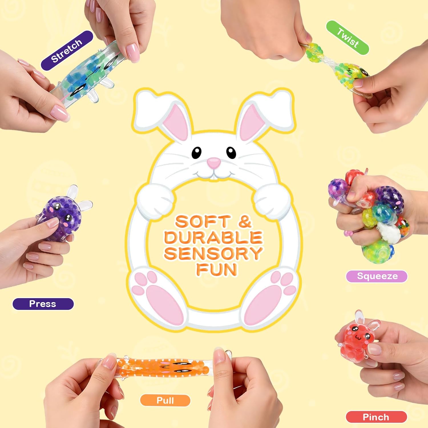Easter Egg Fillers – 12 Pcs Mini Bunny Squishy Balls, Non-Candy Easter Basket Stuffers, Squishy Stress Relief and Fidget Desk Toys for Kids, Teens and Adults, Party Favors and Gifts