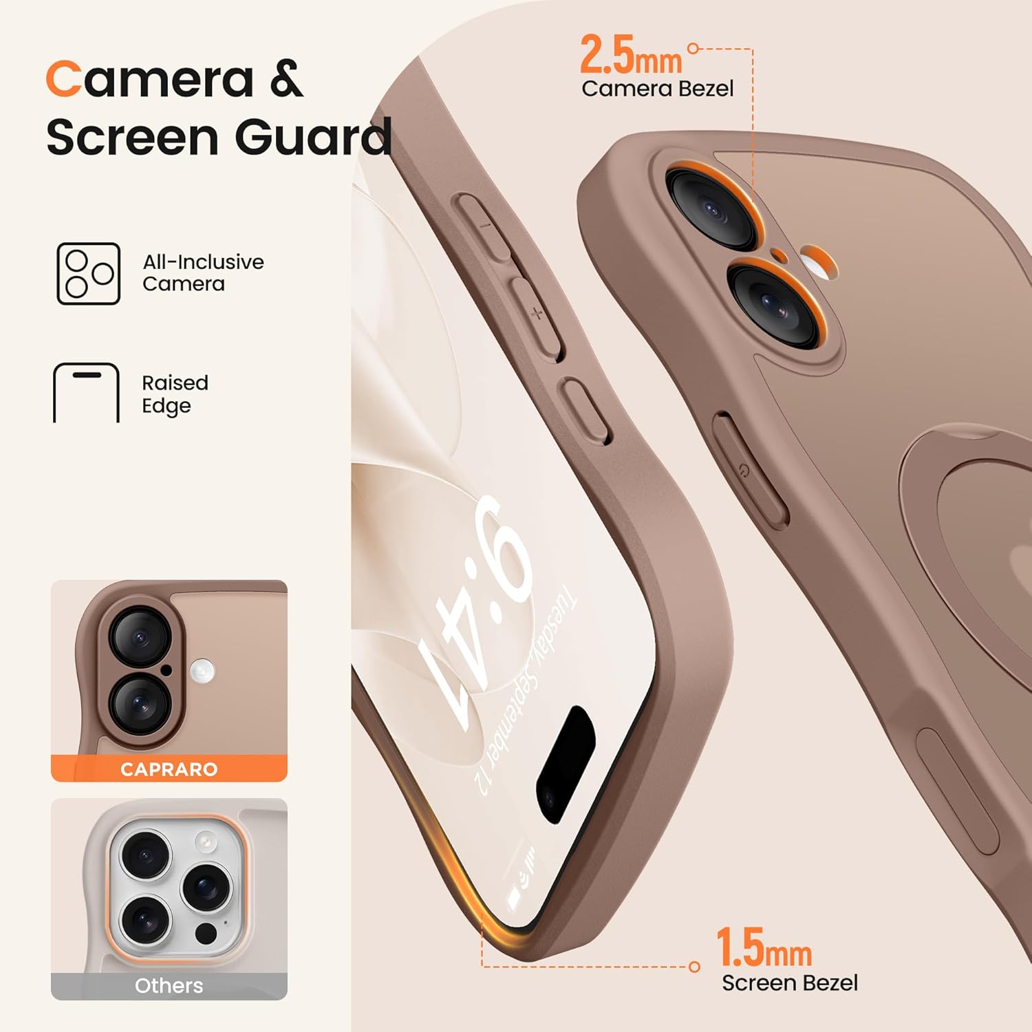 CAPRARO for iPhone 16 Case with 360° Spin Magnetic Stand for Women, [Compatible with MagSafe] [Full Camera Protection] Cute Wave Translucent Matte Case for iPhone 16, Brown - Image 8