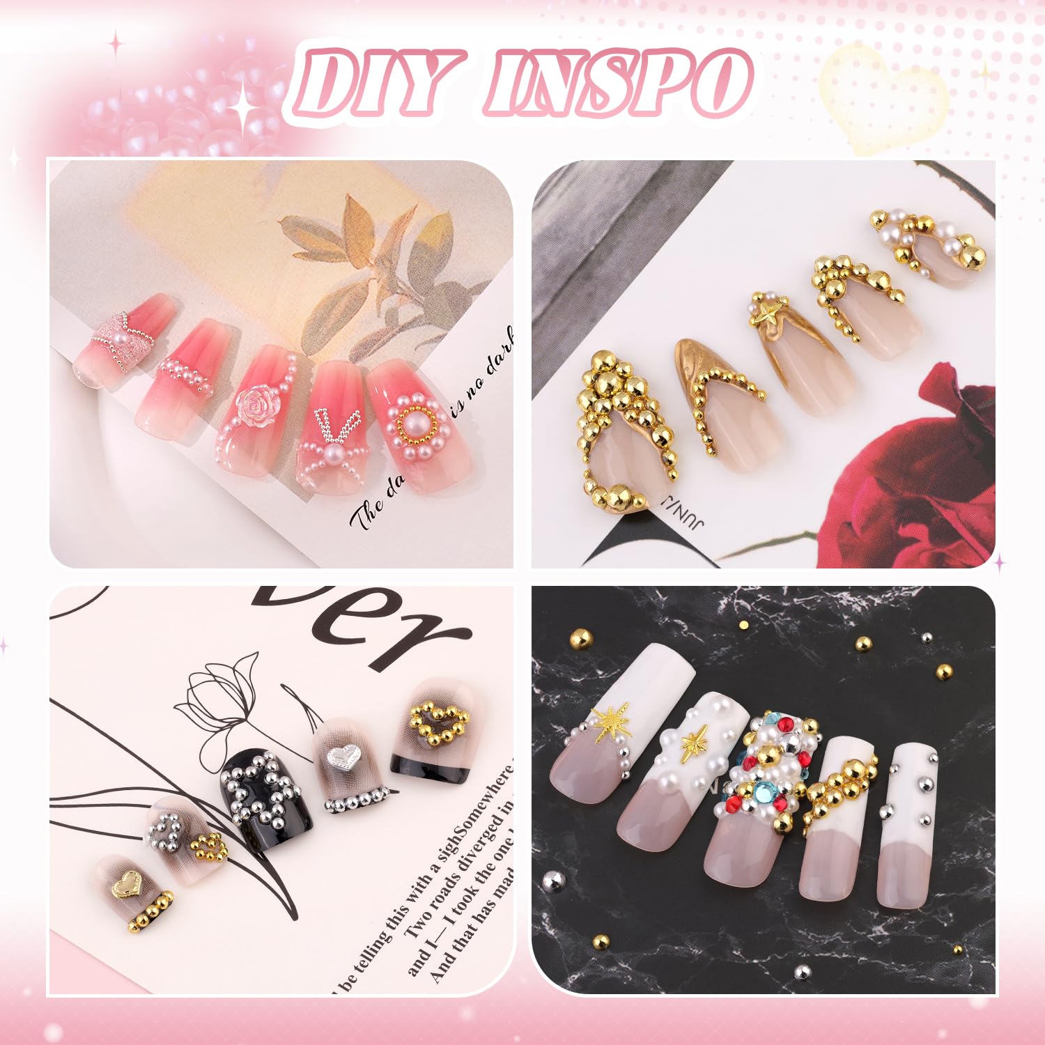 Perlas de uñas con parte trasera plana, gemas y pegamento, pequeñas cuentas de uñas redondas plateadas y doradas y perlas blancas beige para uñas con herramientas de recogida, dijes de perlas para