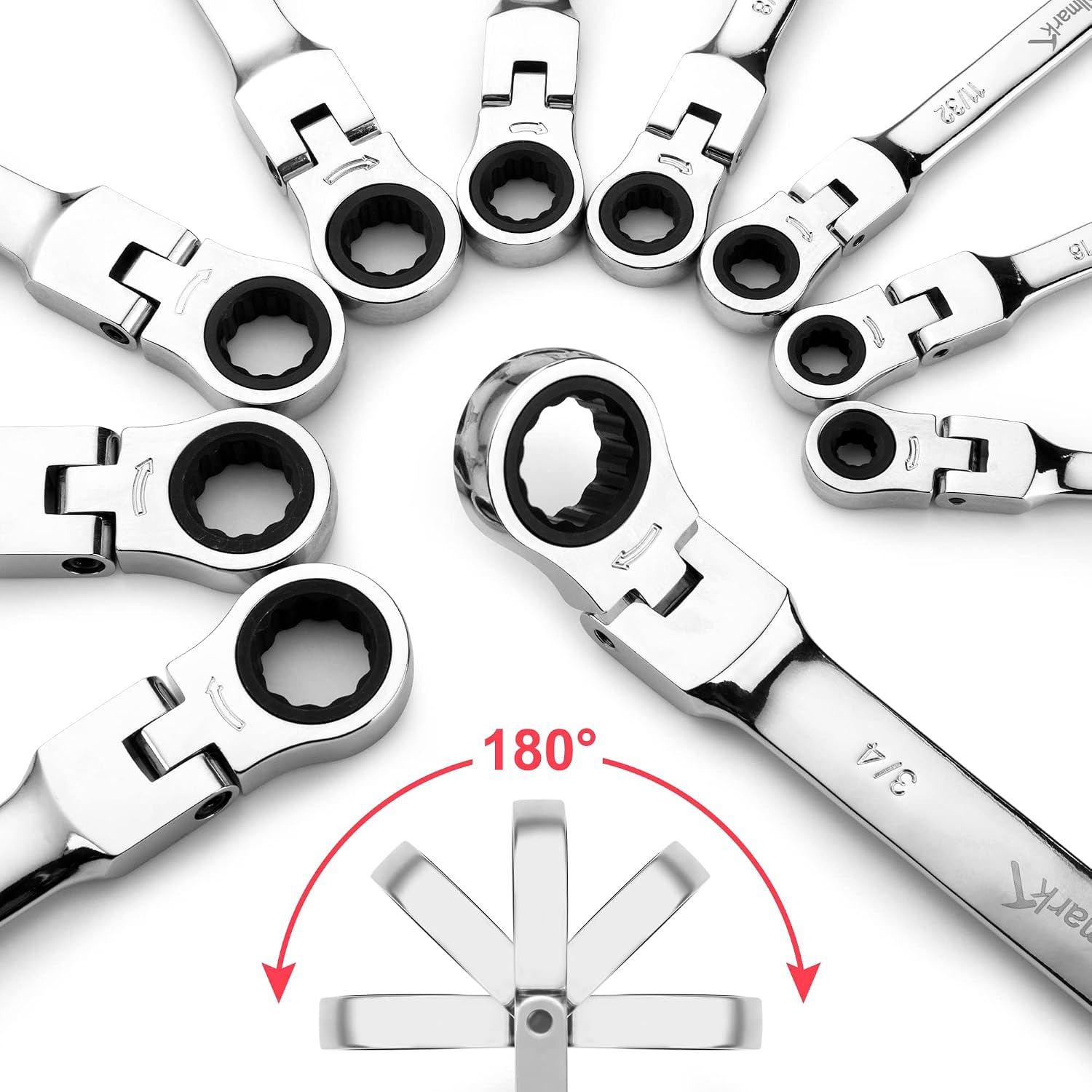Towallmark Ratcheting Wrench Set 20pcs, Flex Head Wrench Set, Combination Wrench Set, SAE 1/4-3/4"& Metric 6-19mm, 72-Teeth,Cr-V Steel Ratchet Set with Storage Bag for motorcycle/car/mechanical etc.
